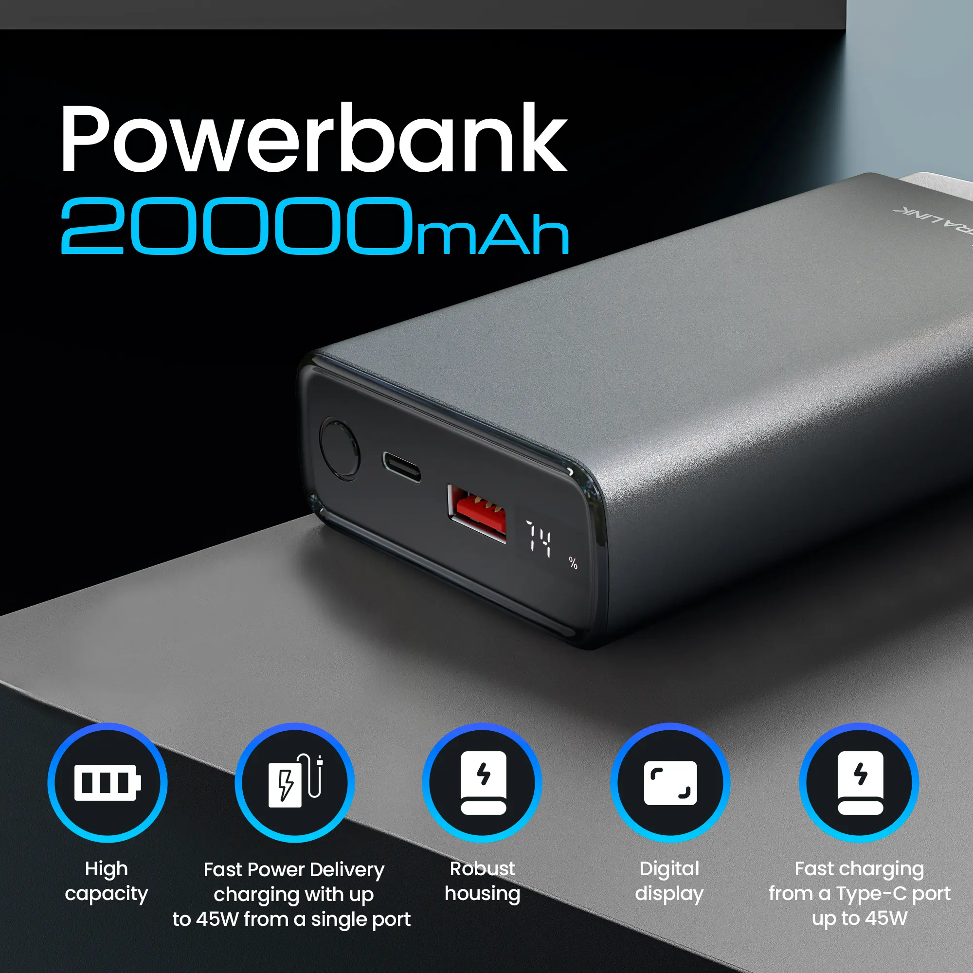 EXTRALINK EPB-068 20000MAH FAST CHARGING POWER BANK NEGRO
