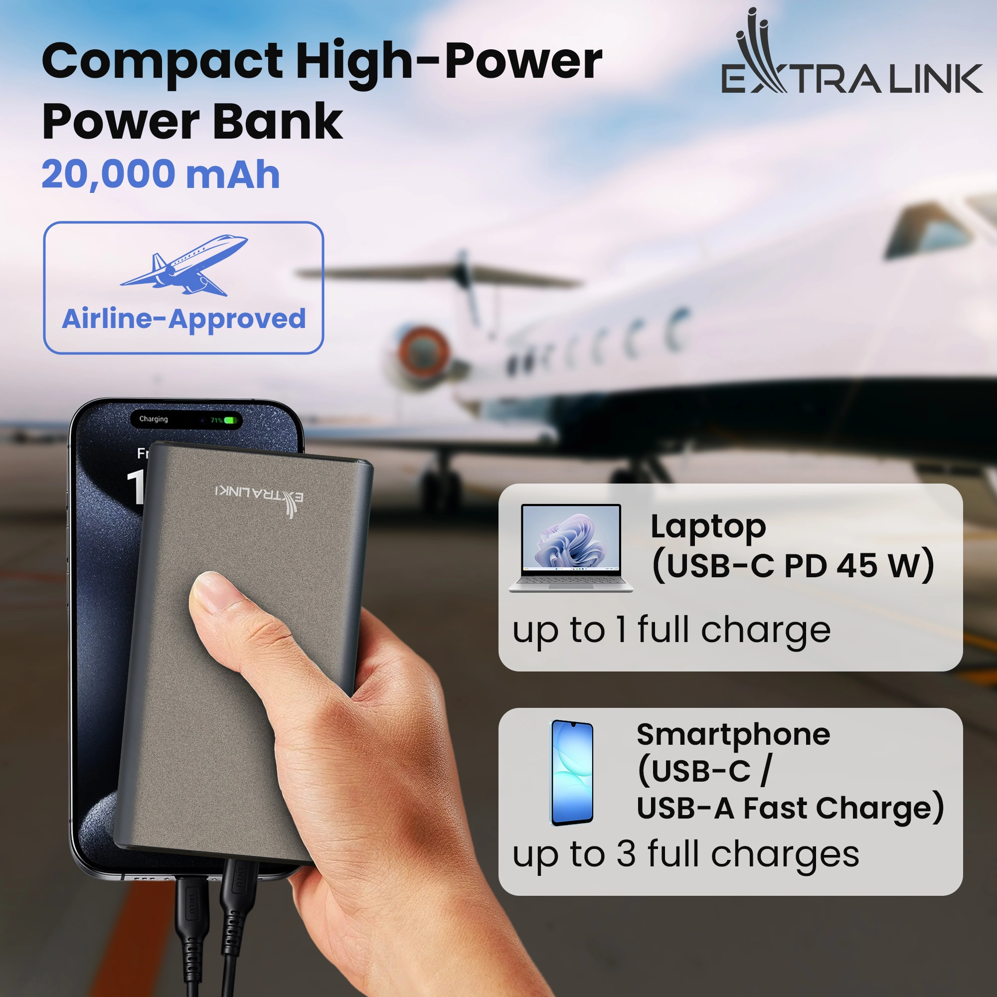 O Extralink Powerbank EPB-126 carrega o seu telem&oacute;vel. Avi&atilde;o, computador port&aacute;til, tablet e smartphones em segundo plano