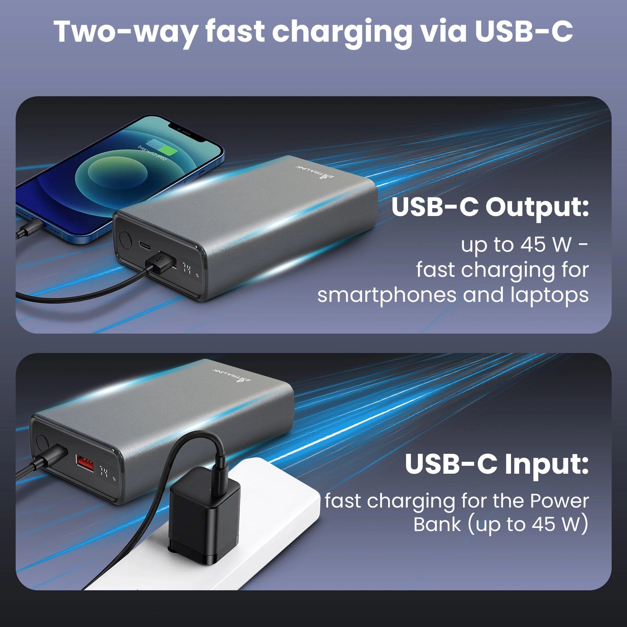 Extralink Powerbank EPB-126 a carregar atrav&eacute;s de USB-A e a carregar um smartphone atrav&eacute;s de USB-C