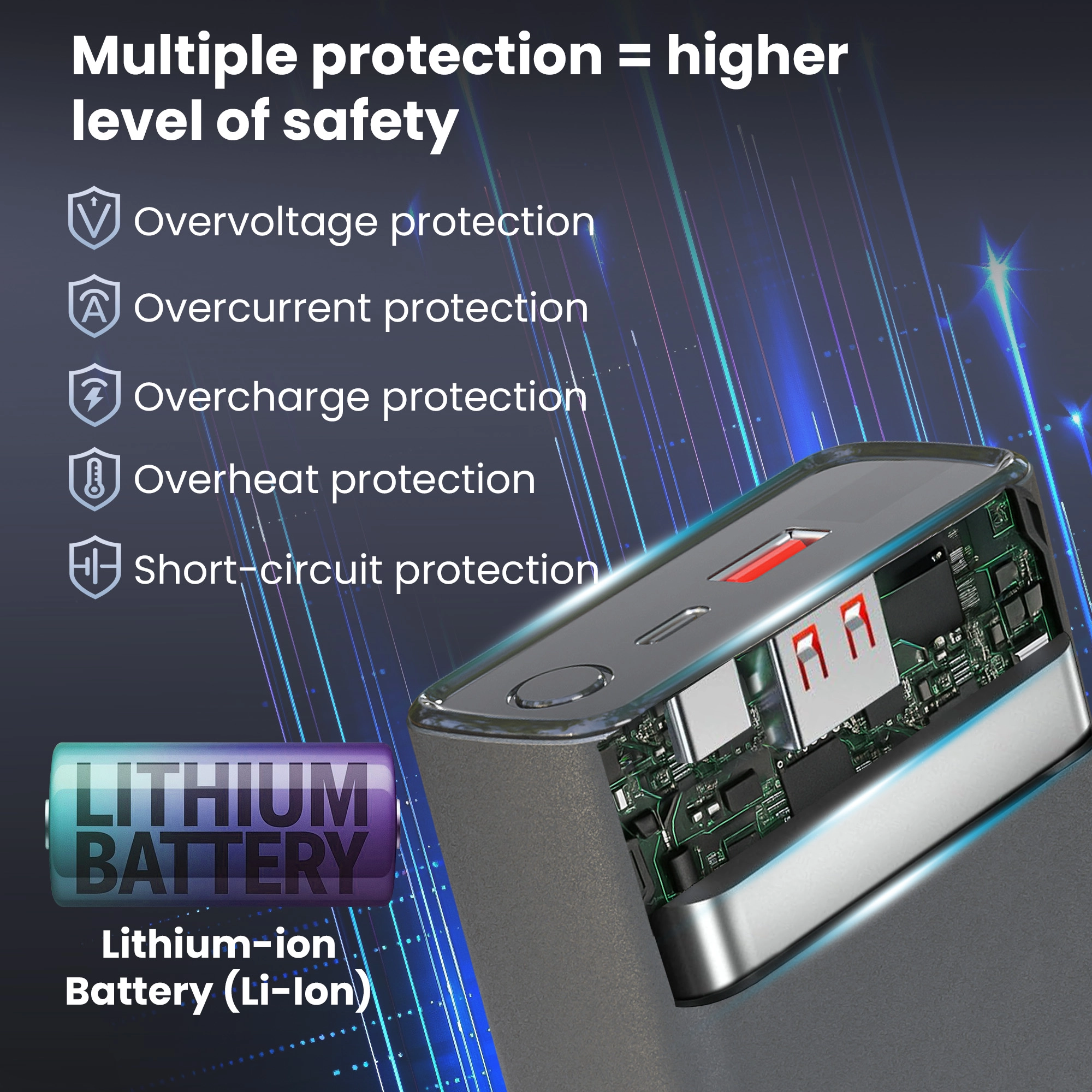 Sec&ccedil;&atilde;o transversal do Extralink Powerbank, mostrando o interior com a bateria de l&iacute;tio e a placa de circuitos
