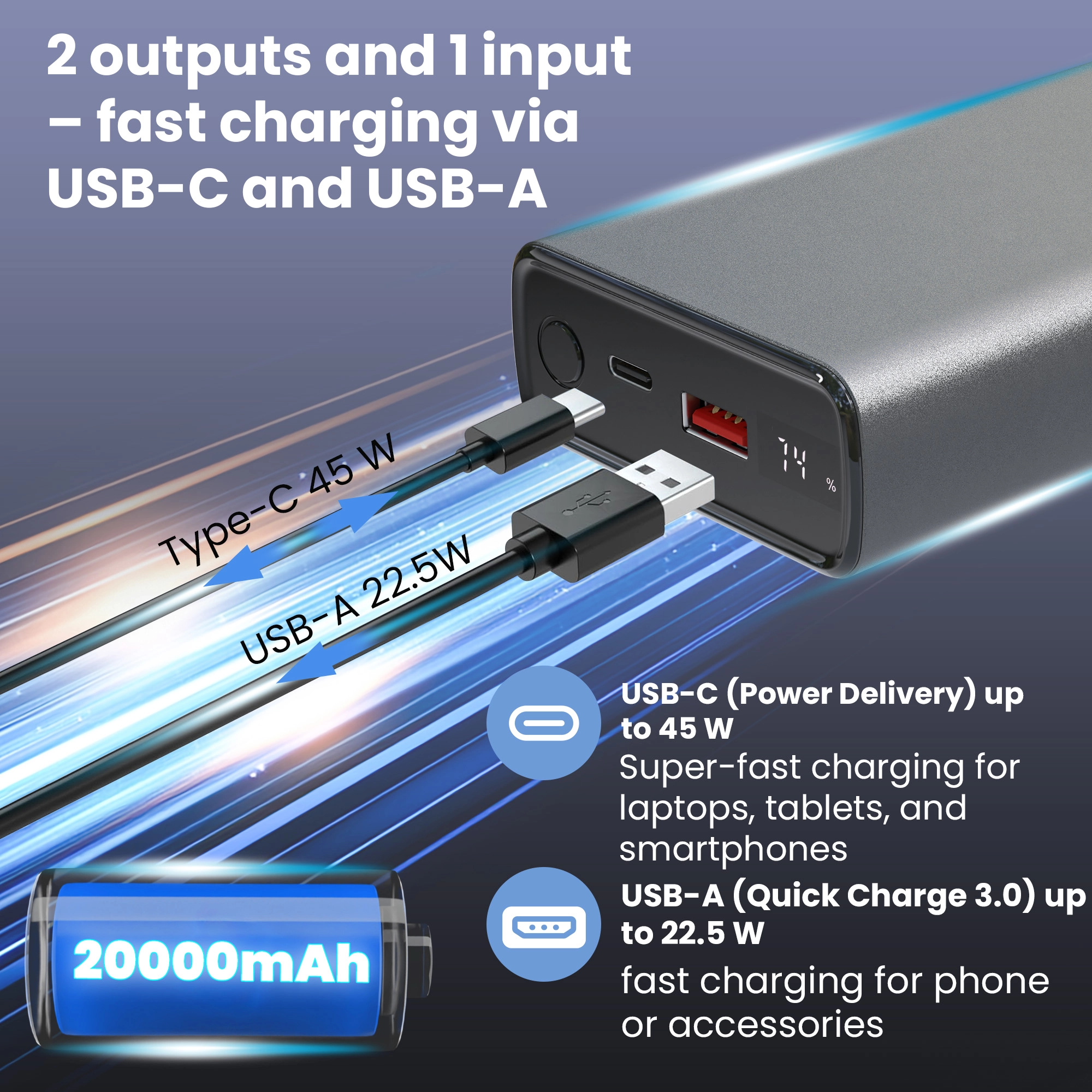 Extralink Powerbank com 20000 mAh, portas USB-C 45 W e USB-A 22,5 W