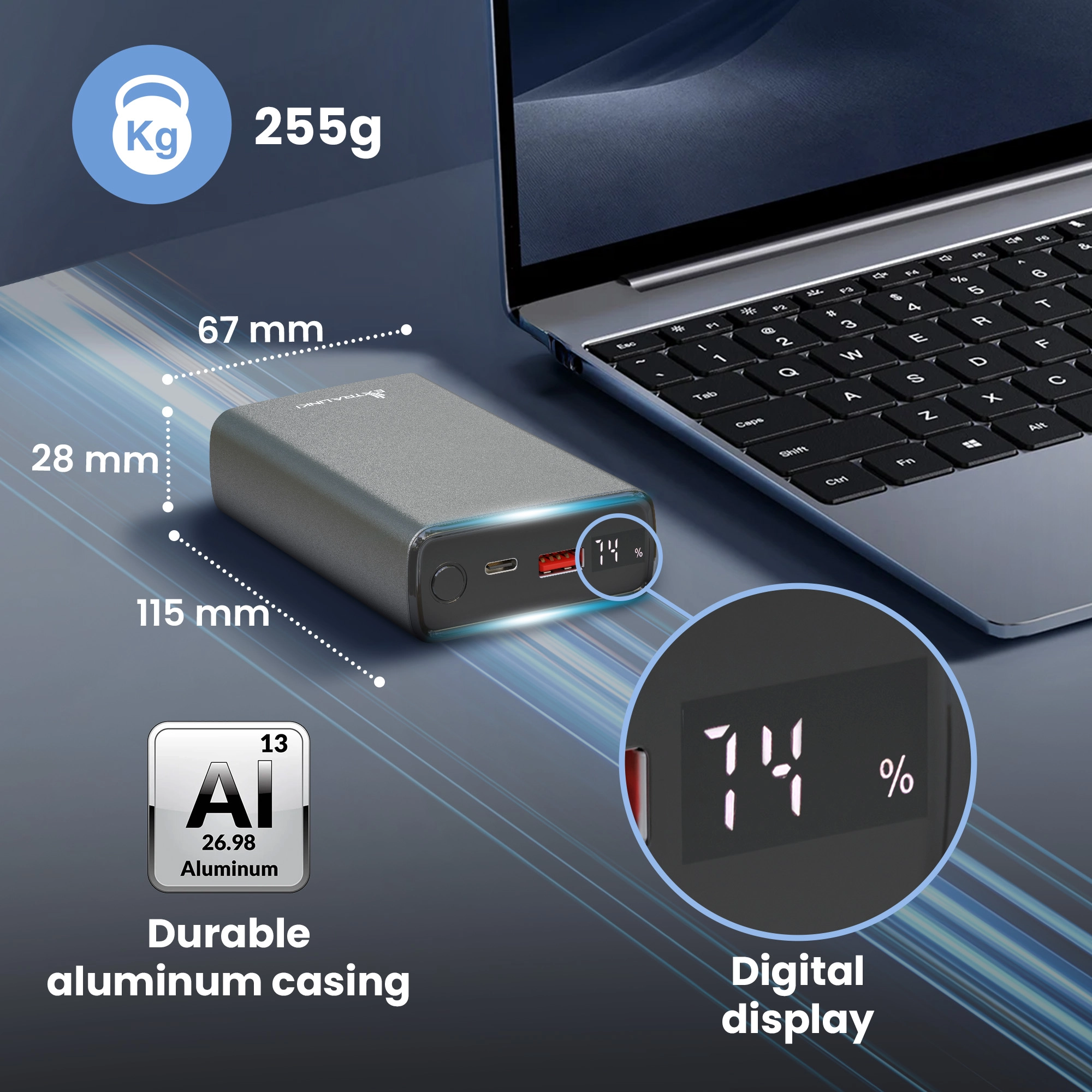 Extralink Powerbank com caixa de alum&iacute;nio, dimens&otilde;es 115x67x28 mm e ecr&atilde; de 74%