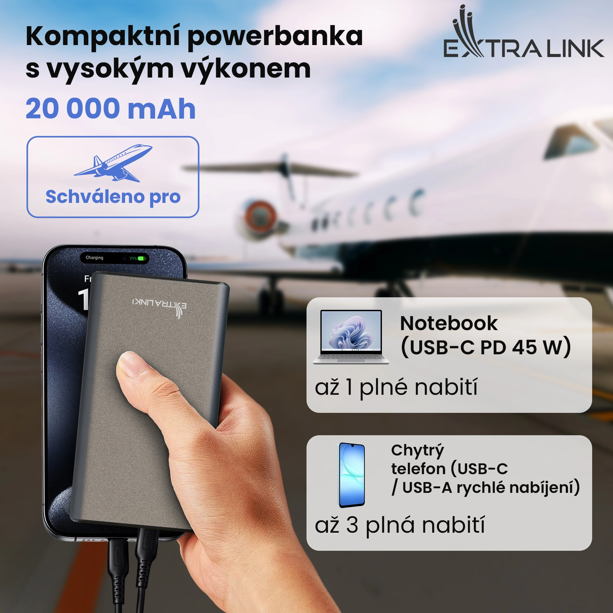 Powerbanka Extralink EPB-126 nabíjí váš telefon. Letadlo, notebook, tablet a chytré telefony v pozadí