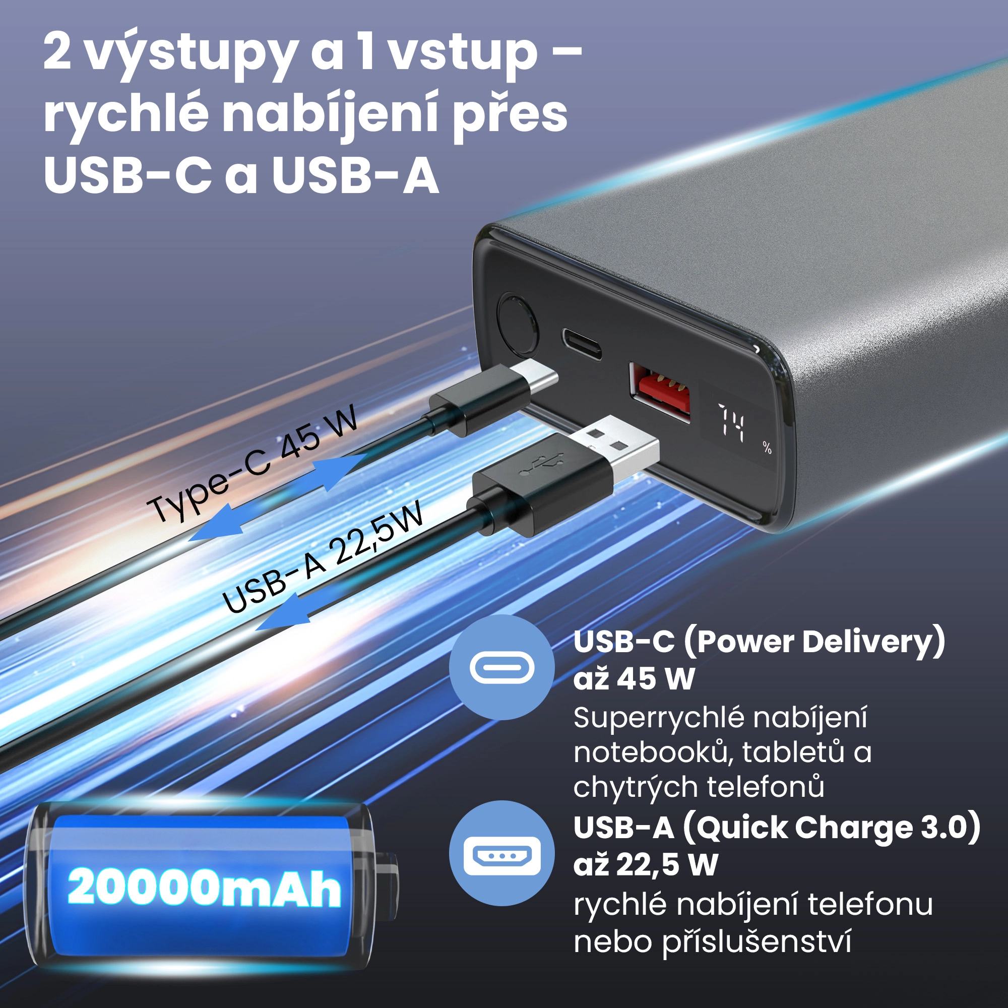 Powerbanka Extralink s kapacitou 20000 mAh, porty USB-C 45 W a USB-A 22,5 W
