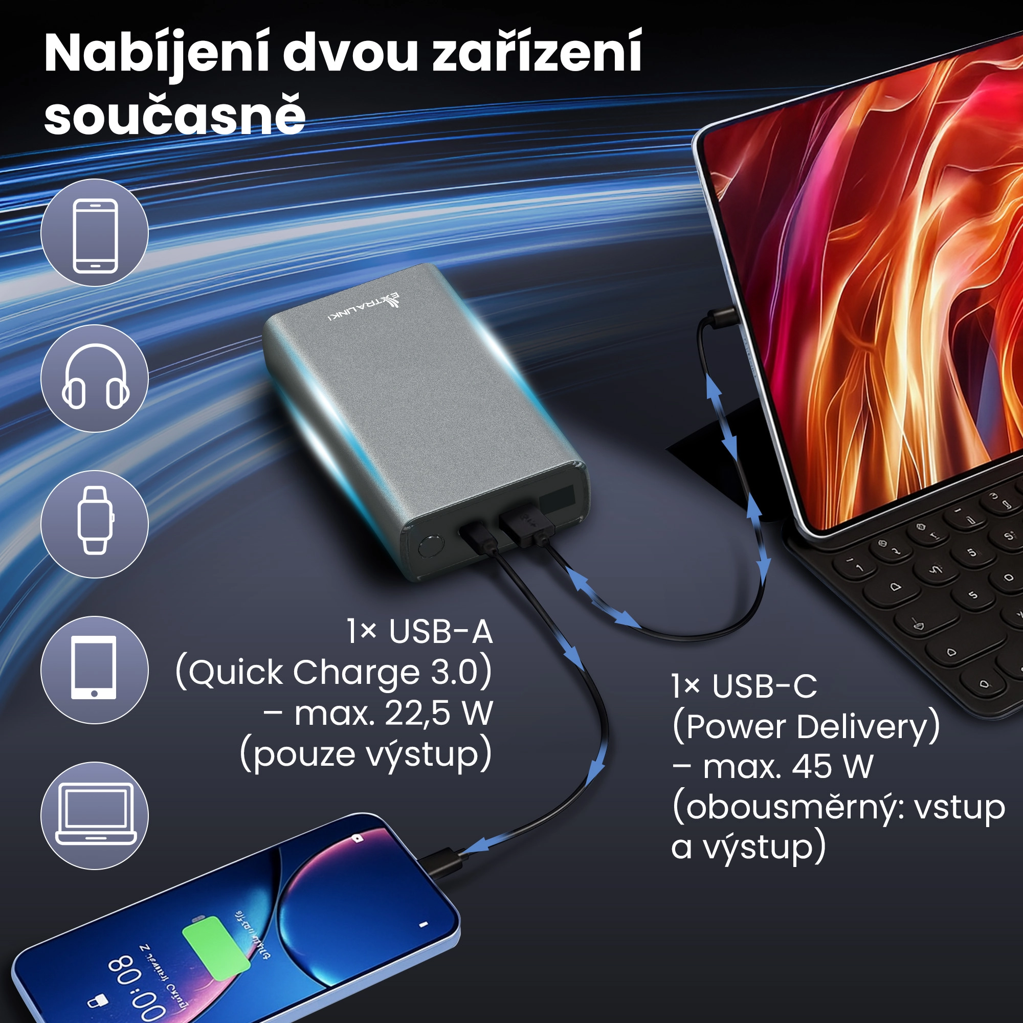 Powerbanka Extralink nab&iacute;j&iacute; smartphone a tablet současně pomoc&iacute; dvou kabelů