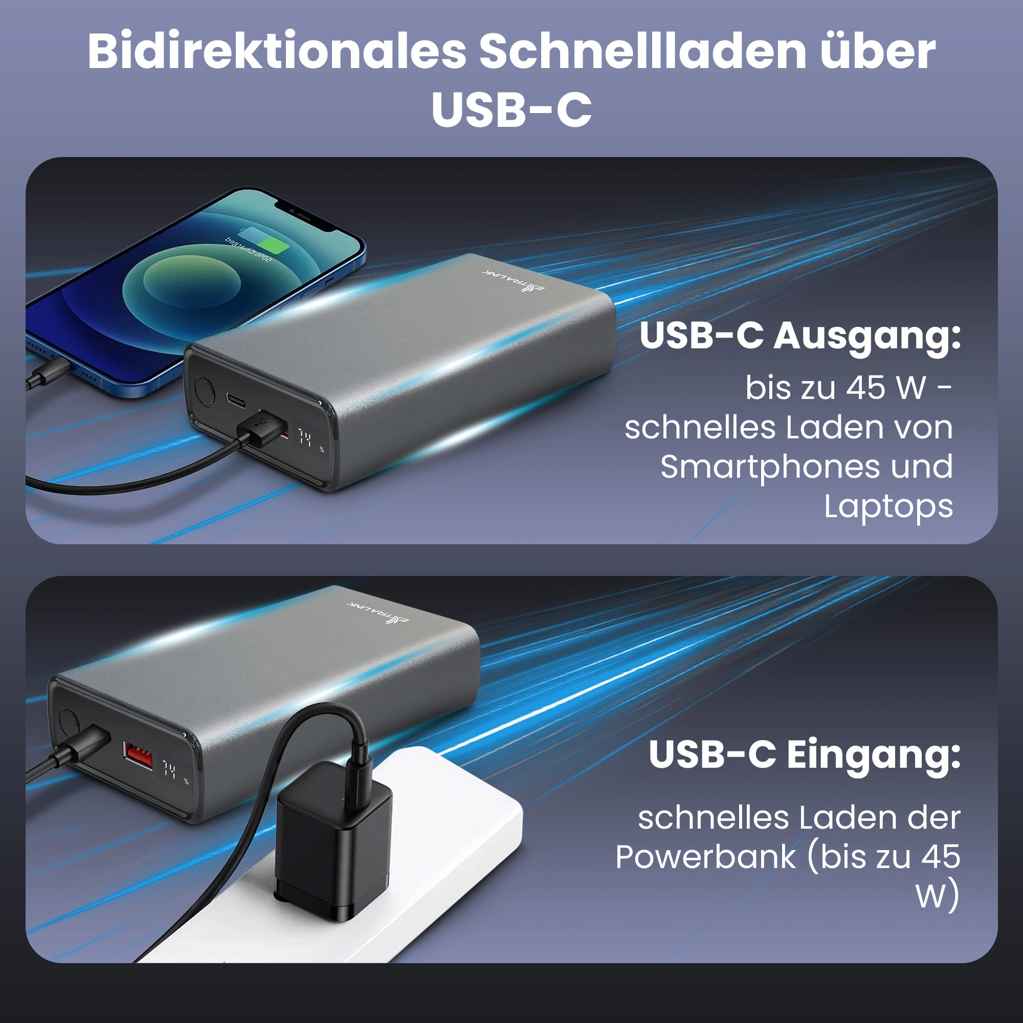 Extralink Powerbank EPB-126 zum Laden über USB-A und zum Laden eines Smartphones über USB-C