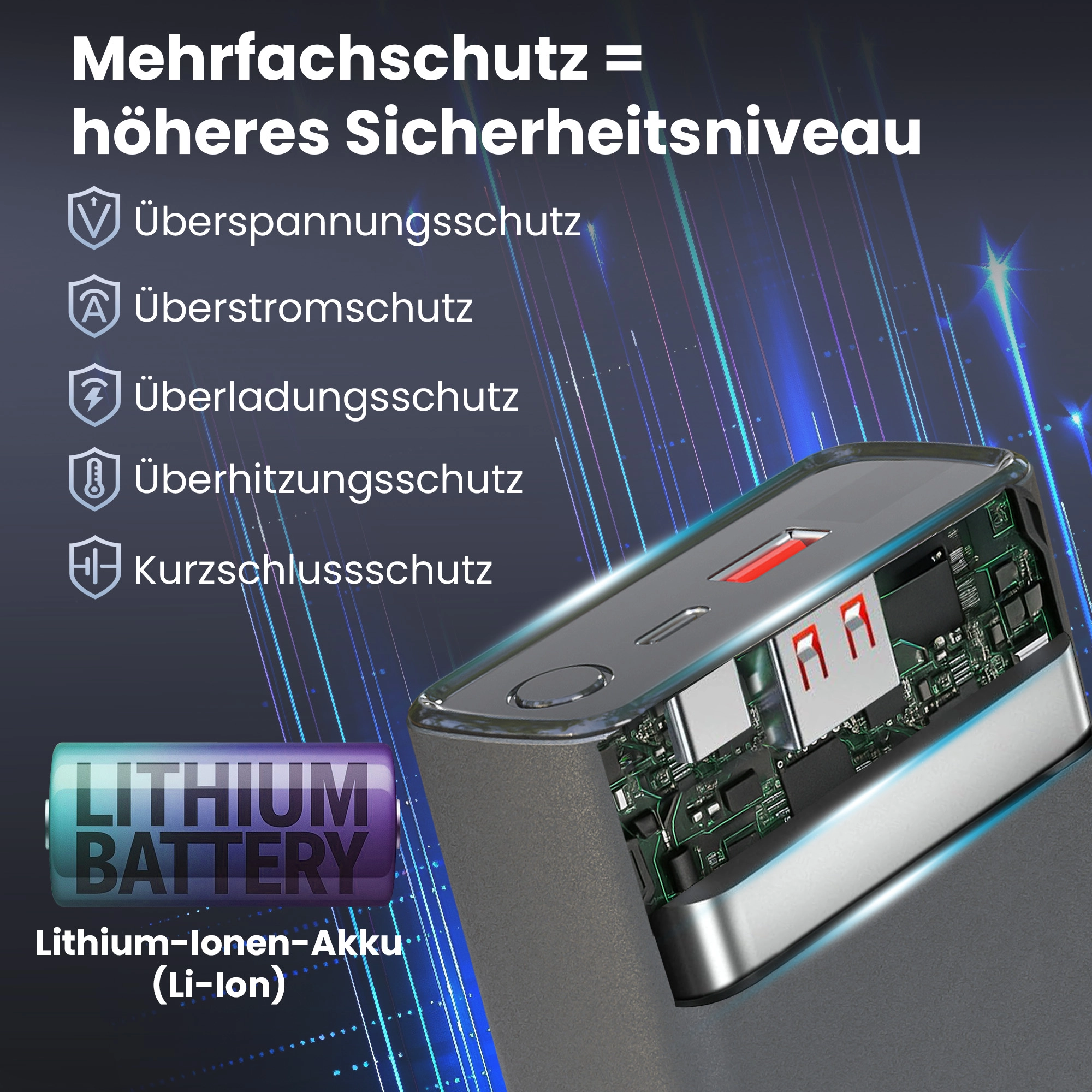 Querschnitt der Extralink Powerbank, zeigt das Innere mit Lithiumbatterie und Platine