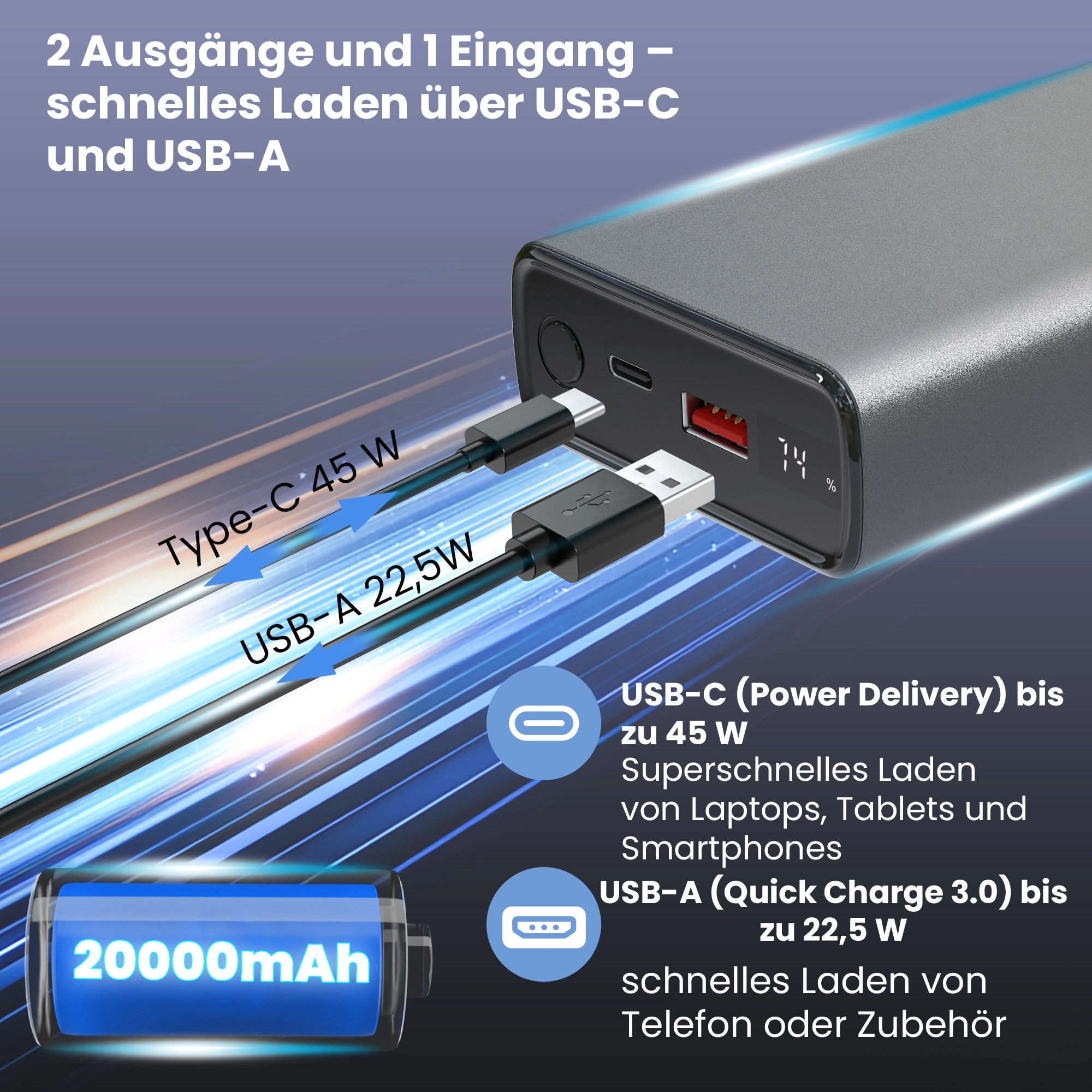 Extralink Powerbank mit 20000 mAh, USB-C 45 W und USB-A 22,5 W Anschlüssen