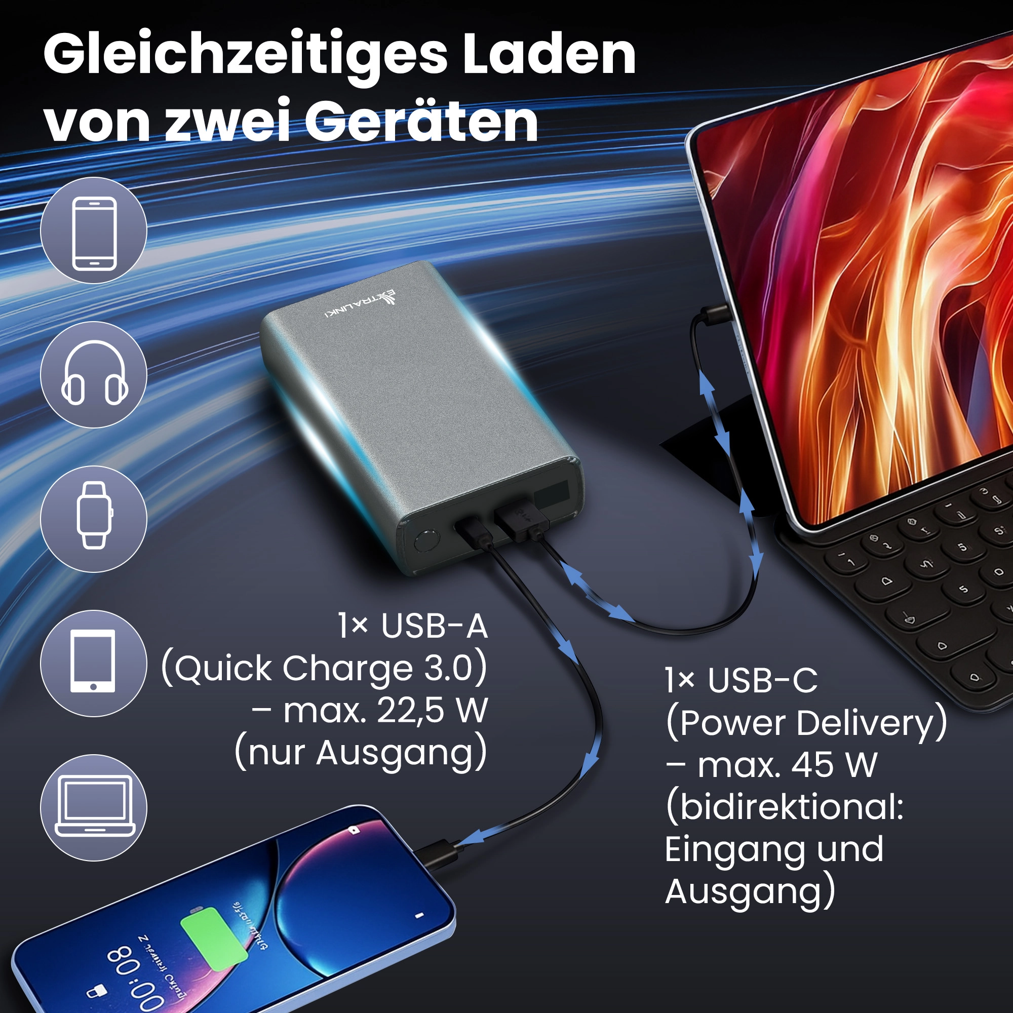 Extralink Powerbank l&auml;dt Smartphone und Tablet gleichzeitig mit zwei Kabeln