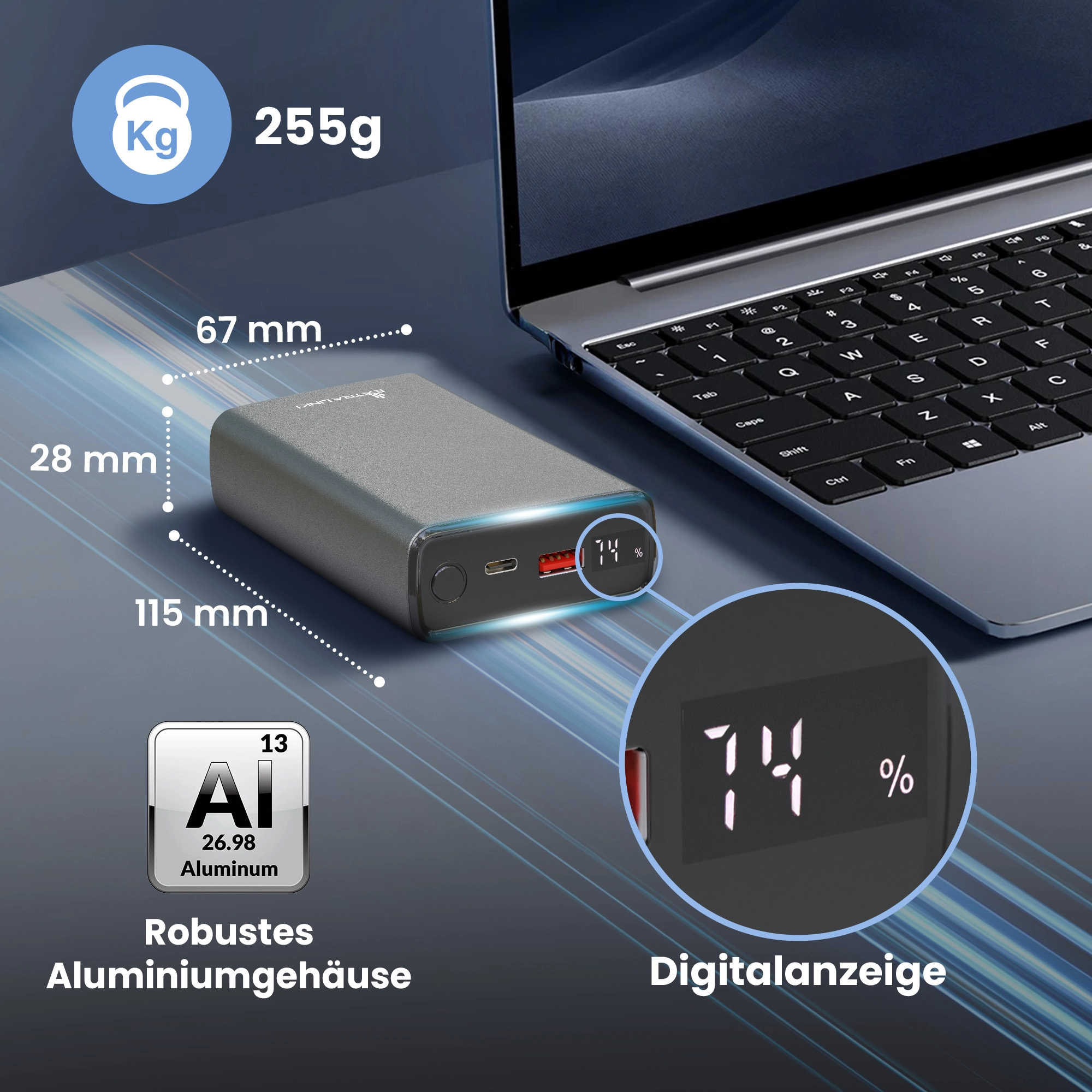 Extralink Powerbank mit Aluminiumgehäuse, Abmessungen 115x67x28 mm und 74% Display