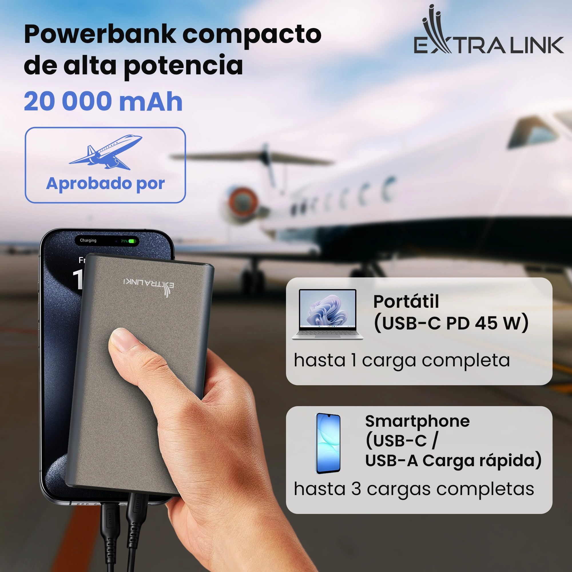 Extralink Powerbank EPB-126 carga su teléfono. Avión, portátil, tableta y smartphones en segundo plano.