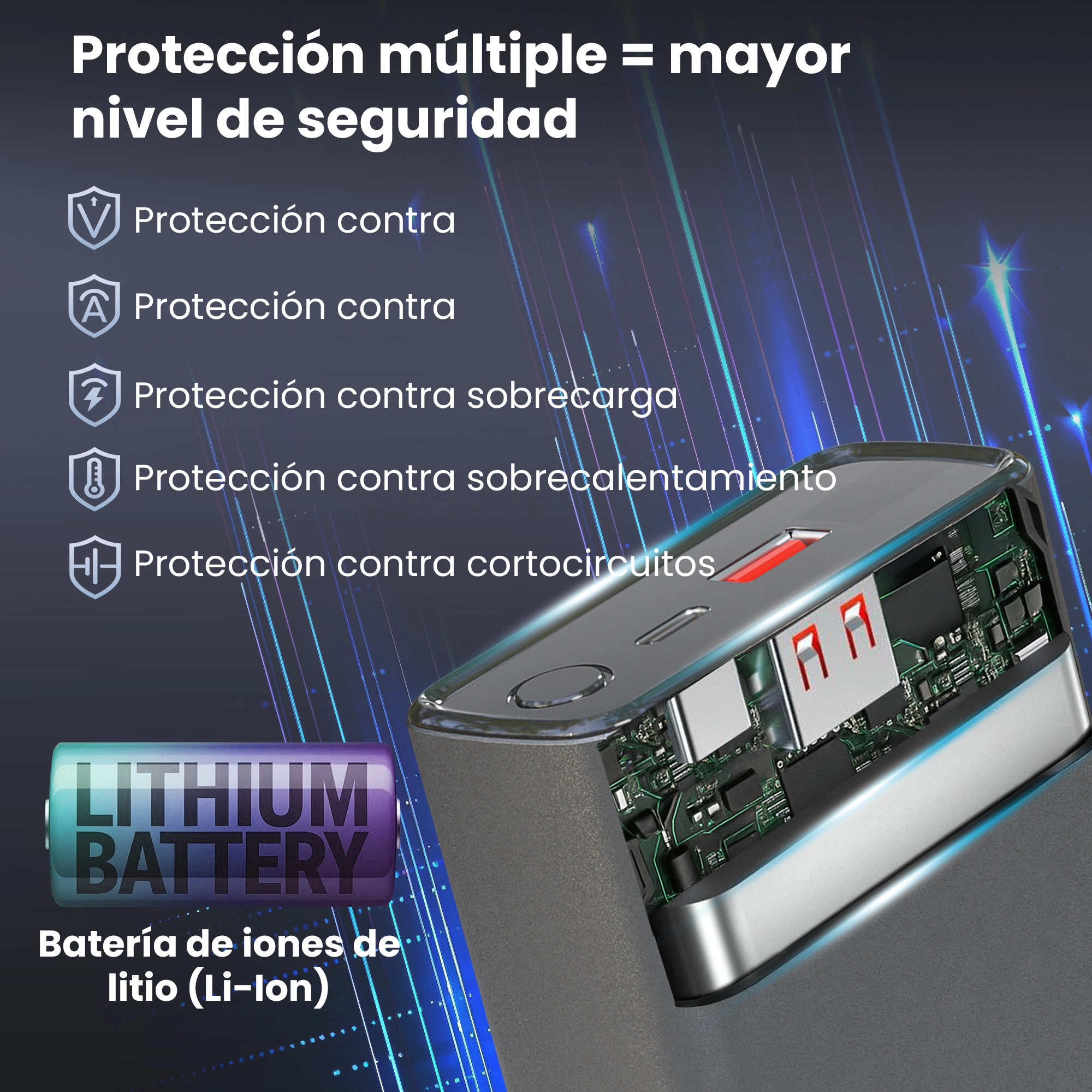 Secci&oacute;n transversal del Extralink Powerbank, mostrando el interior con la bater&iacute;a de litio y la placa de circuitos.