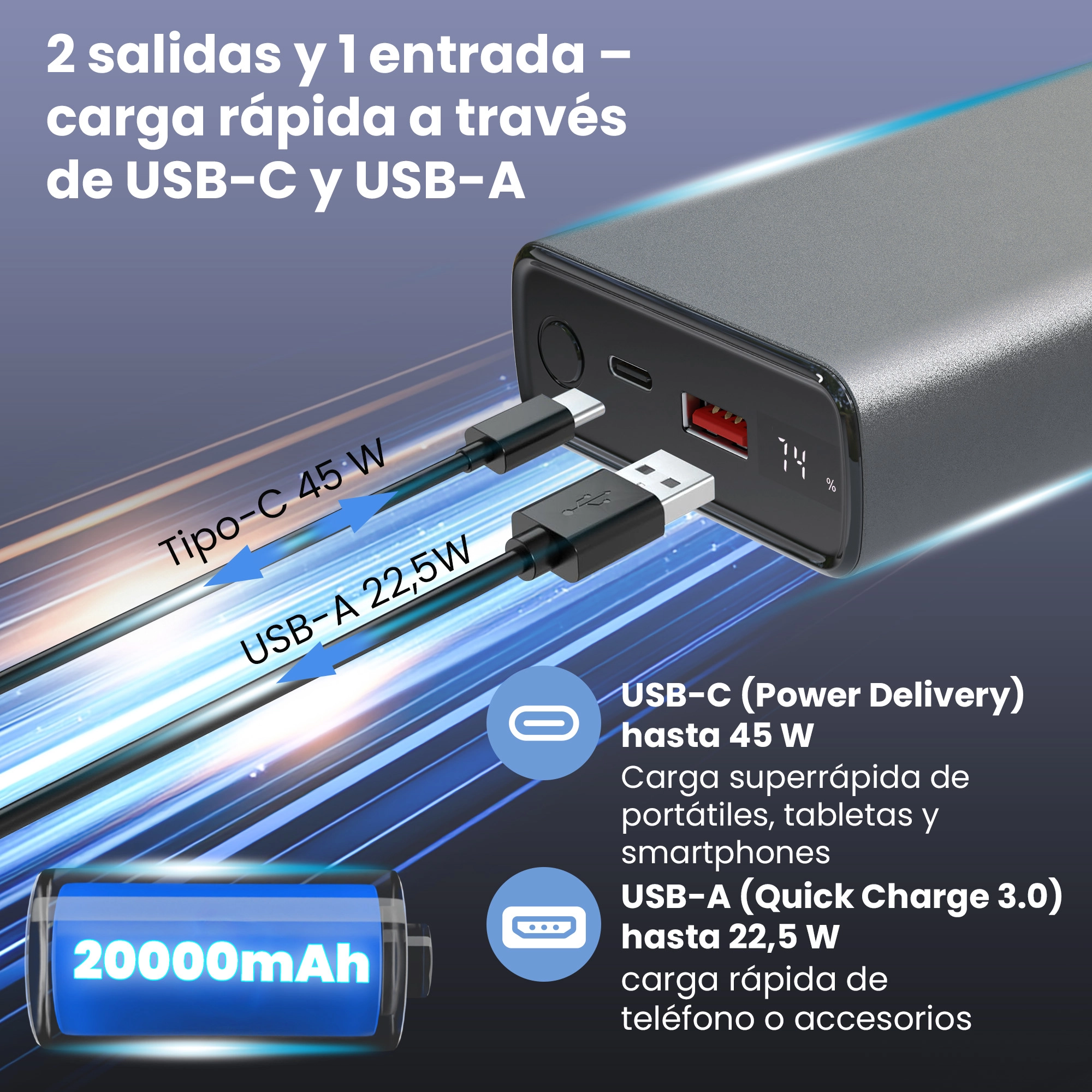 Extralink Powerbank con 20000 mAh, puertos USB-C de 45 W y USB-A de 22,5 W