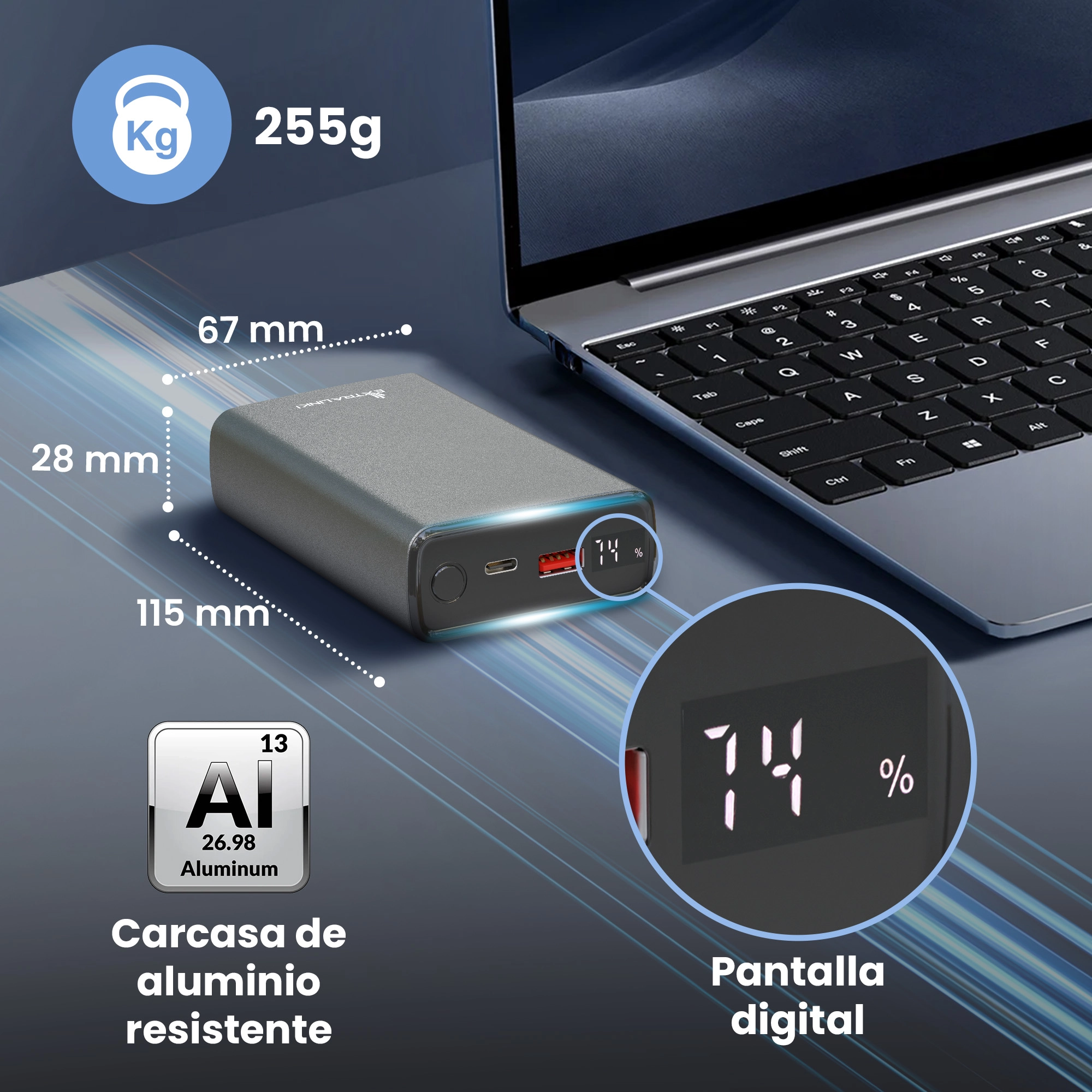 Powerbank Extralink con carcasa de aluminio, dimensiones 115x67x28 mm y pantalla del 74