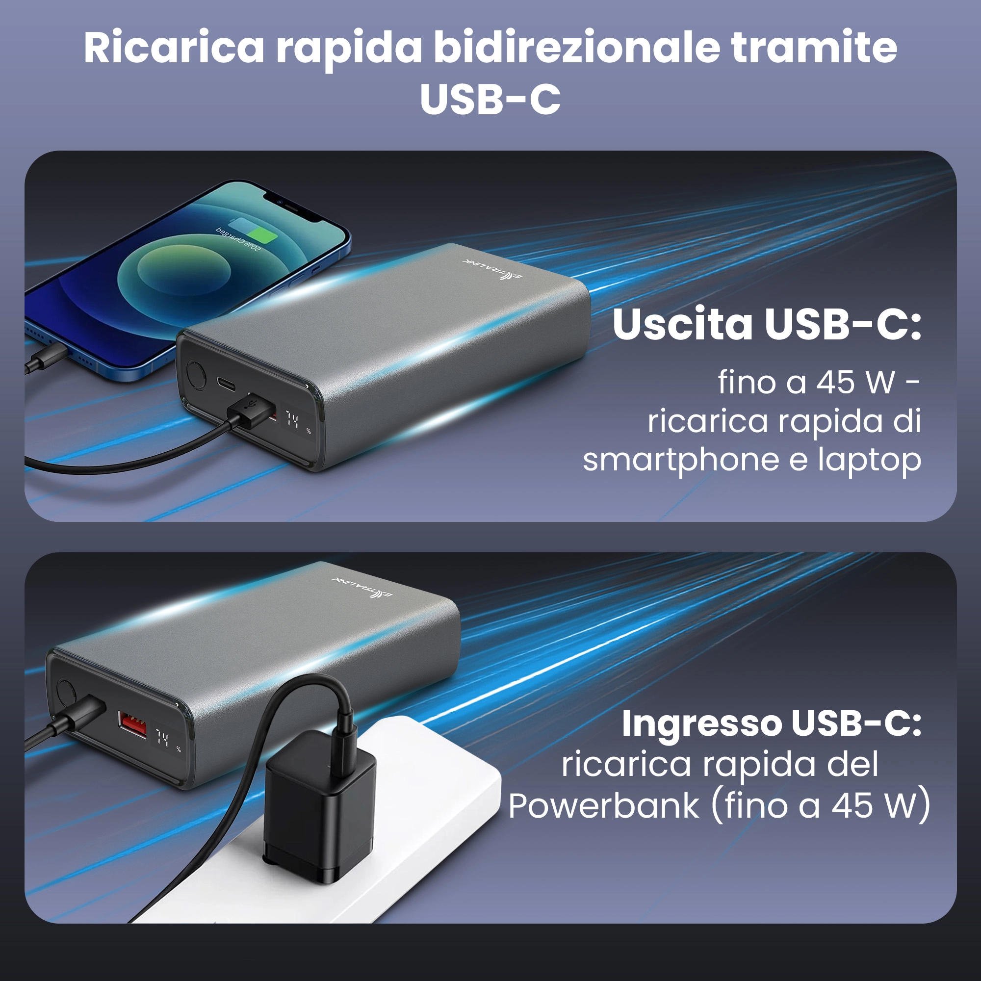 Extralink Powerbank EPB-126 ricarica tramite USB-A e ricarica uno smartphone tramite USB-C