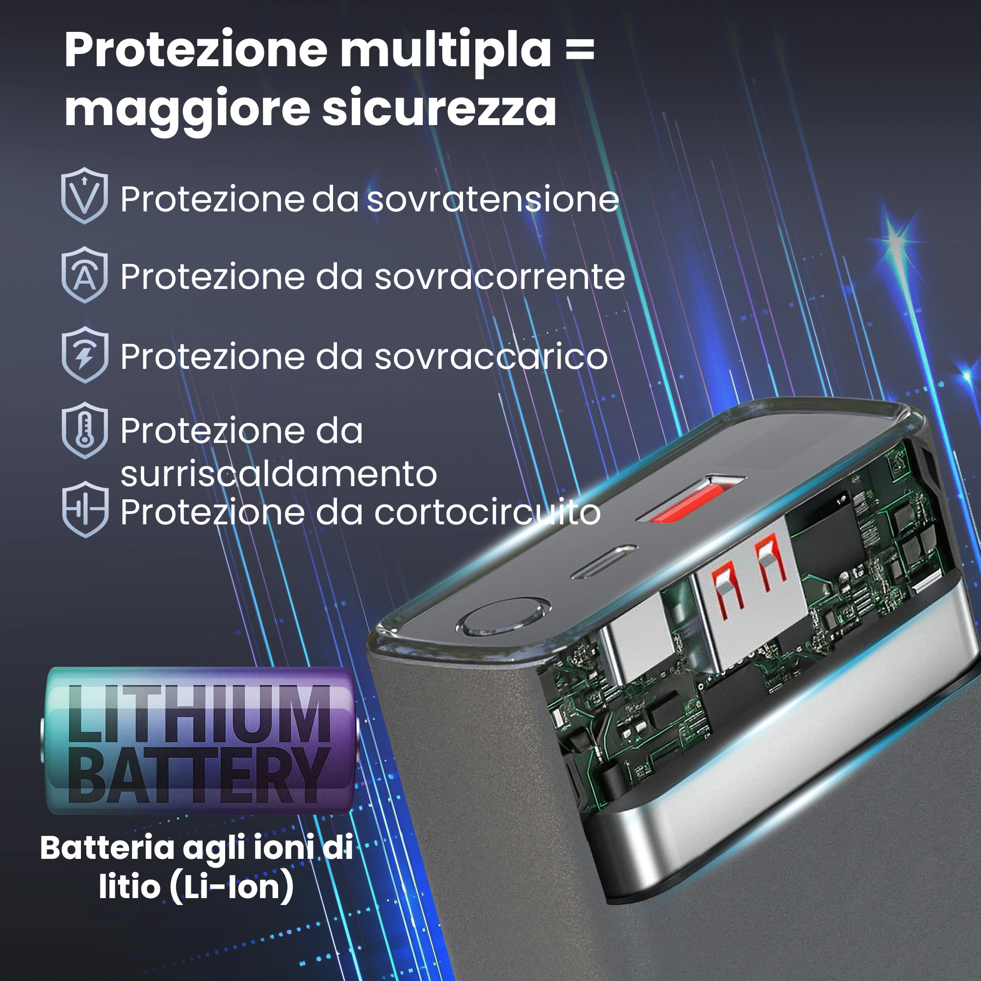 Sezione trasversale della Powerbank Extralink, che mostra l'interno con la batteria al litio e il circuito stampato