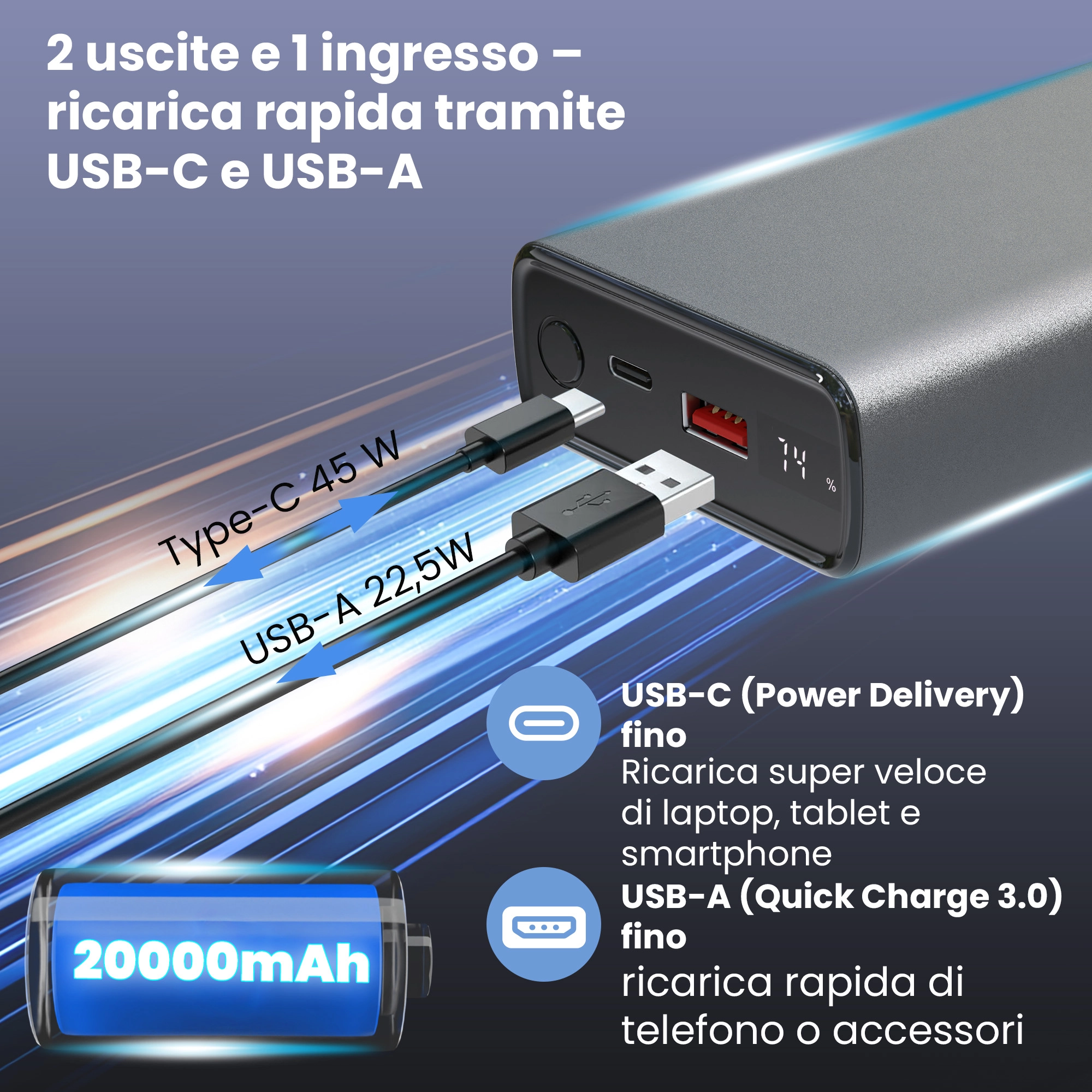 Extralink Powerbank con 20000 mAh, porte USB-C 45 W e USB-A 22,5 W