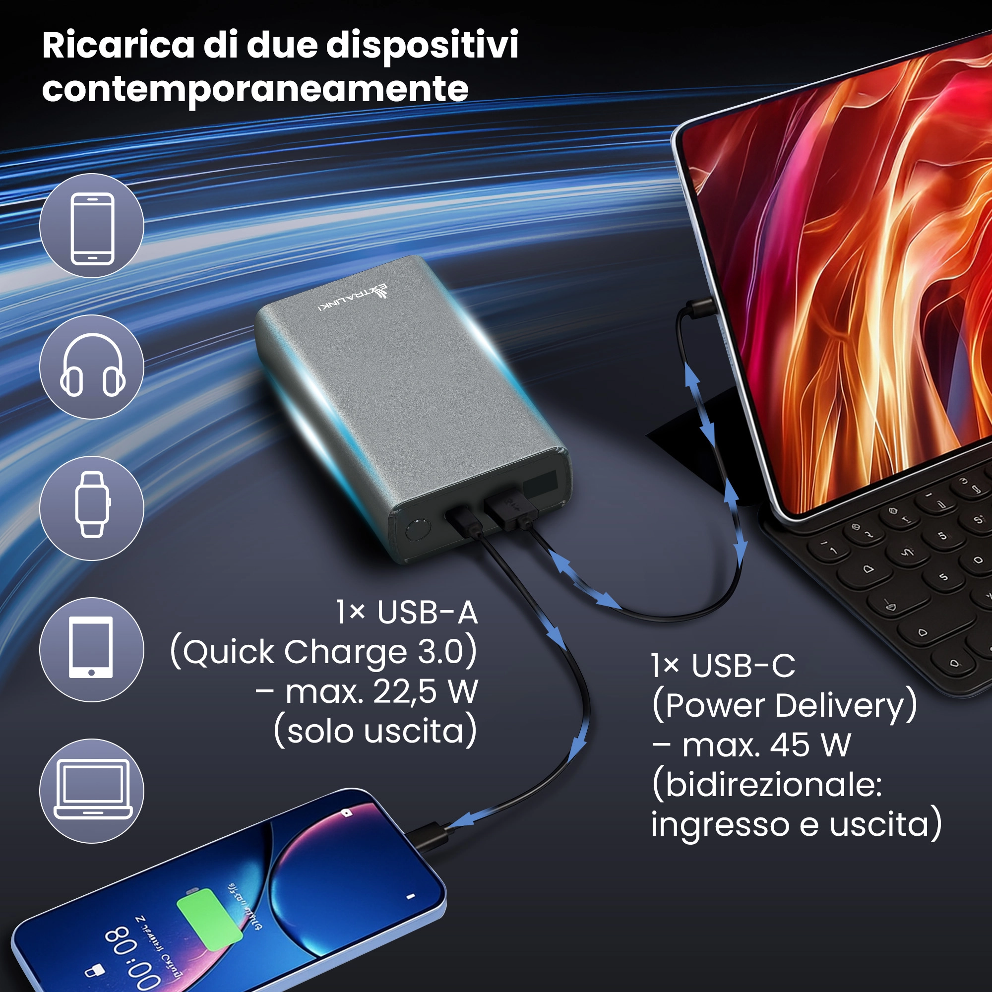 Extralink Powerbank ricarica smartphone e tablet contemporaneamente con due cavi