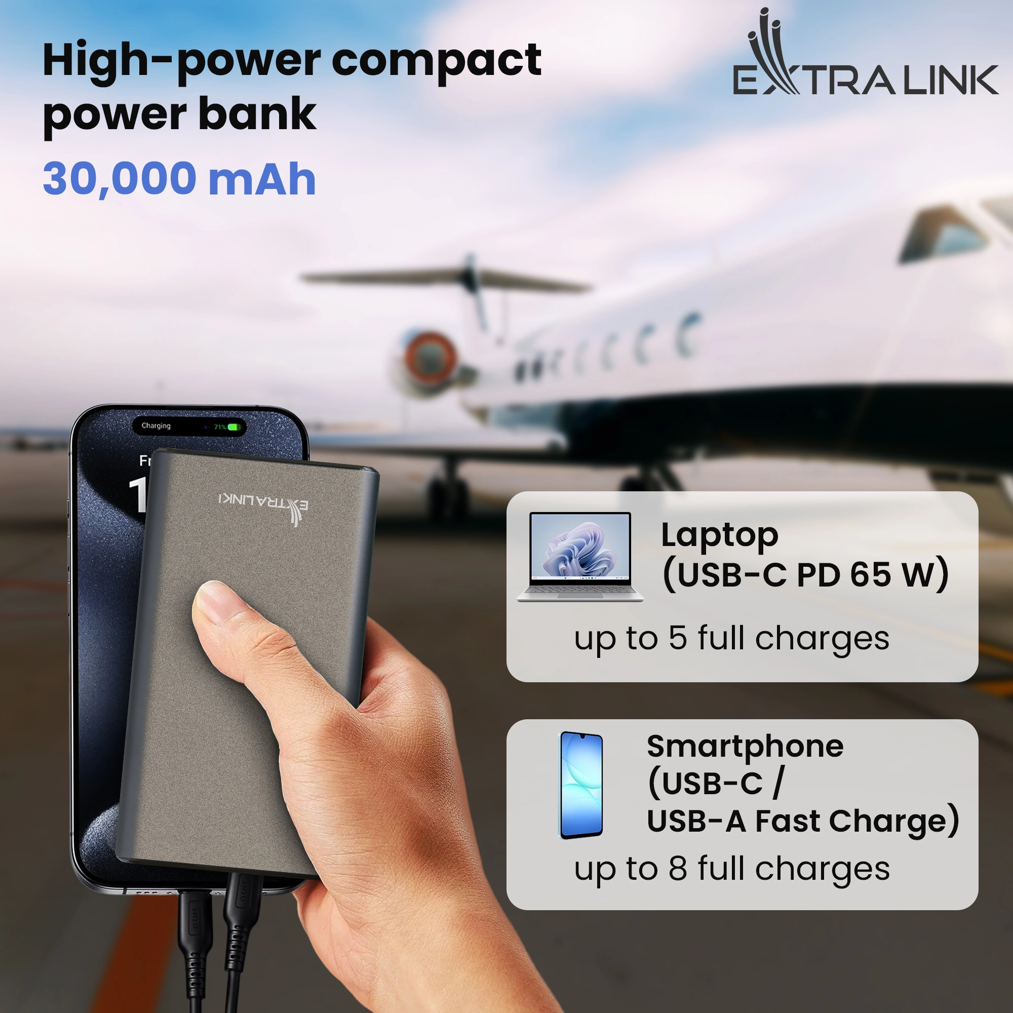 O Extralink Powerbank EPB-127 carrega o seu telem&oacute;vel. Avi&atilde;o, computador port&aacute;til, tablet e smartphones em segundo plano.