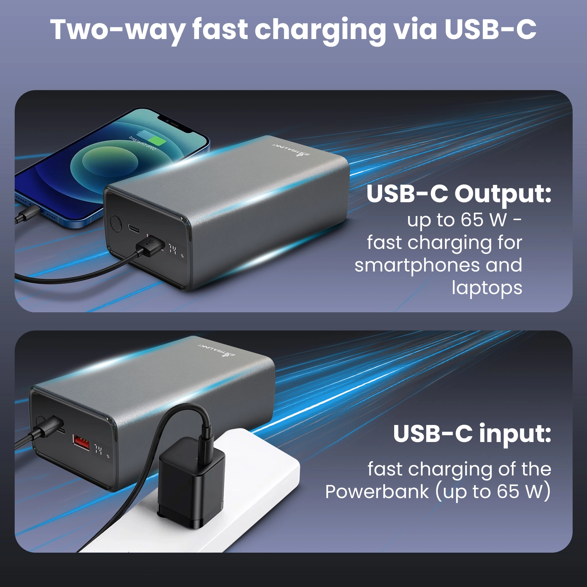Extralink Powerbank EPB-127 carregando via USB-A e carregando um smartphone via USB-C