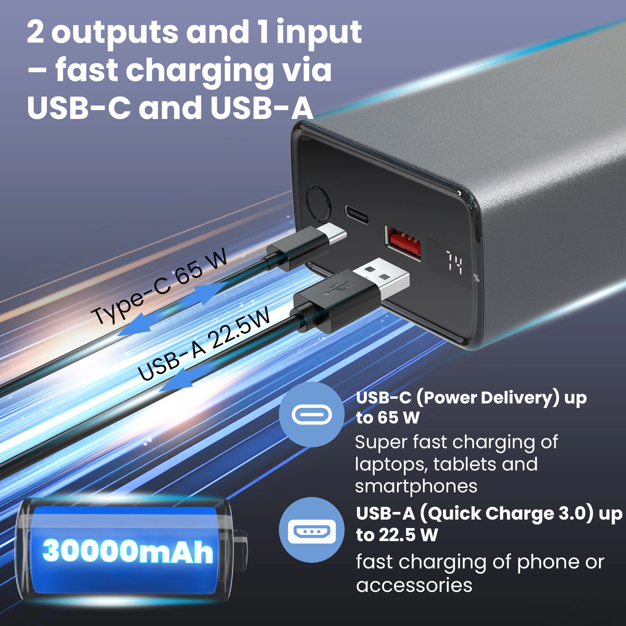 Powerbank Extralink com 30000 mAh, portas USB-C 65 W e USB-A 22,5 W
