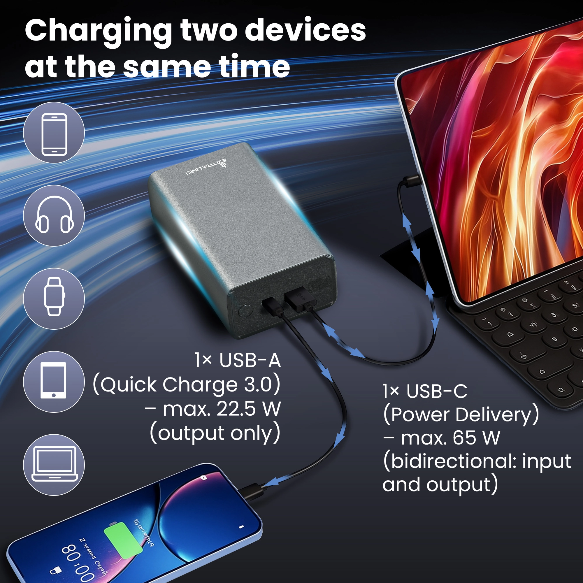 Extralink Powerbank carrega smartphone e tablet simultaneamente com dois cabos