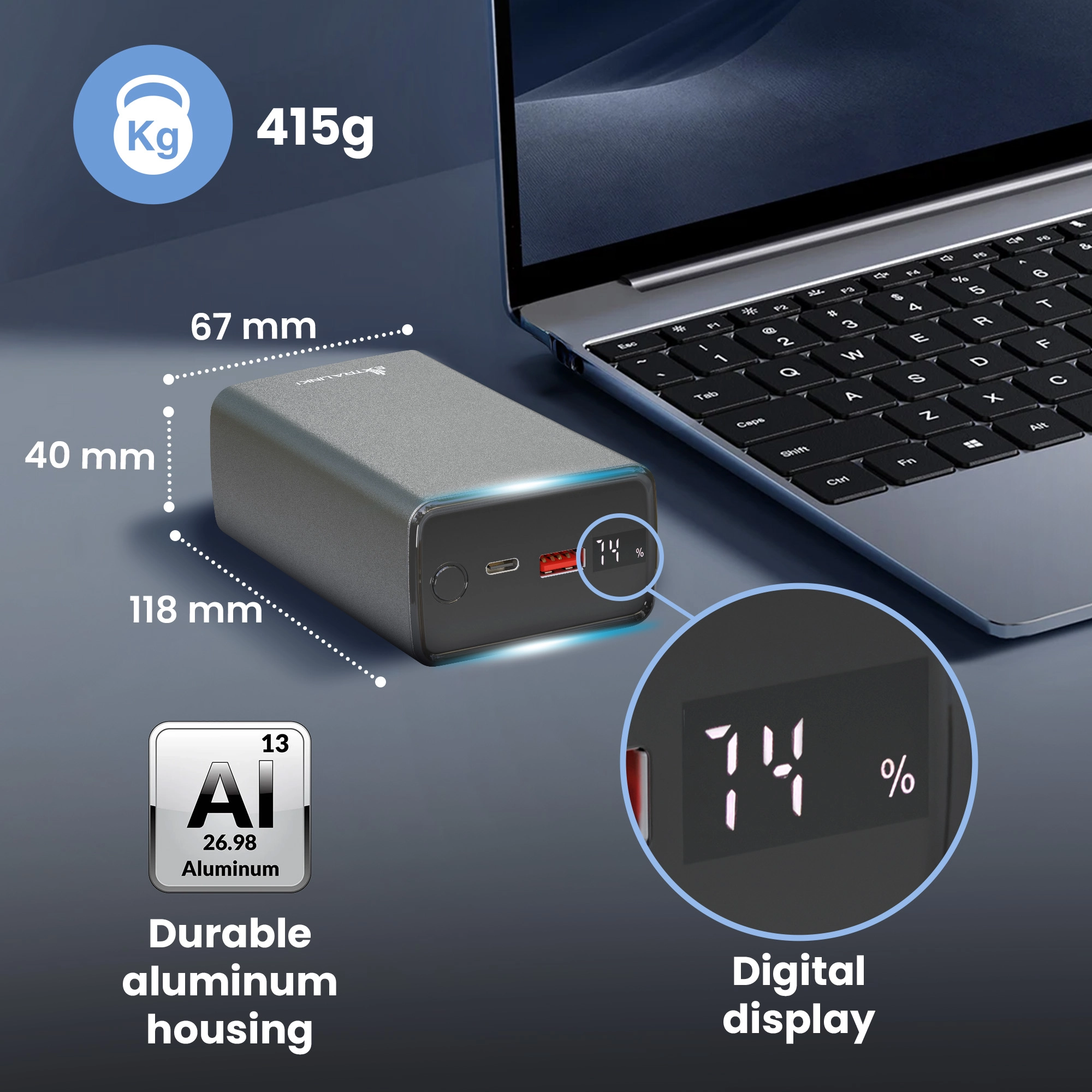 Extralink Powerbank com caixa de alum&iacute;nio, dimens&otilde;es 118x67x40 mm e ecr&atilde; de 74%