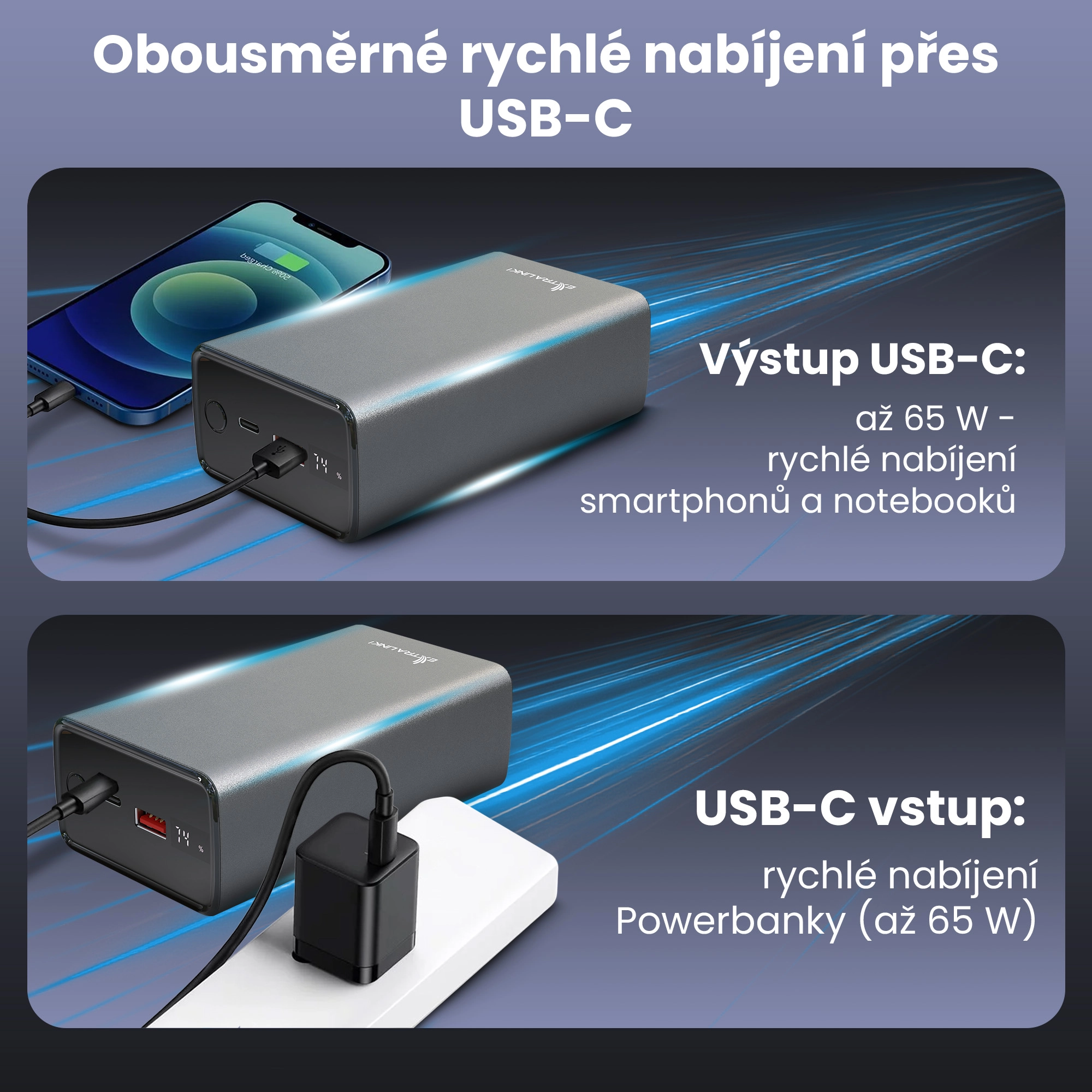 Powerbanka Extralink EPB-127 nab&iacute;jen&iacute; přes USB-A a nab&iacute;jen&iacute; smartphonu přes USB-C