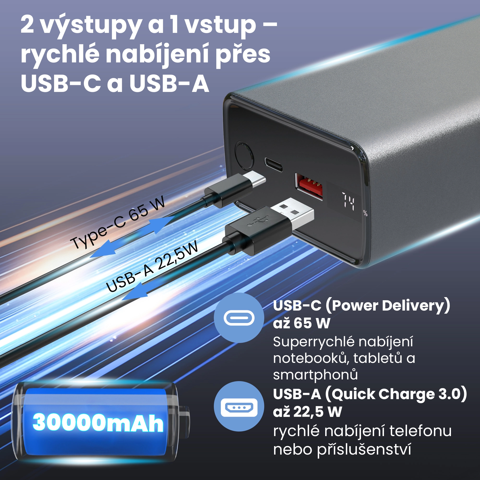 Powerbanka Extralink s kapacitou 30000 mAh, porty USB-C 65 W a USB-A 22,5 W