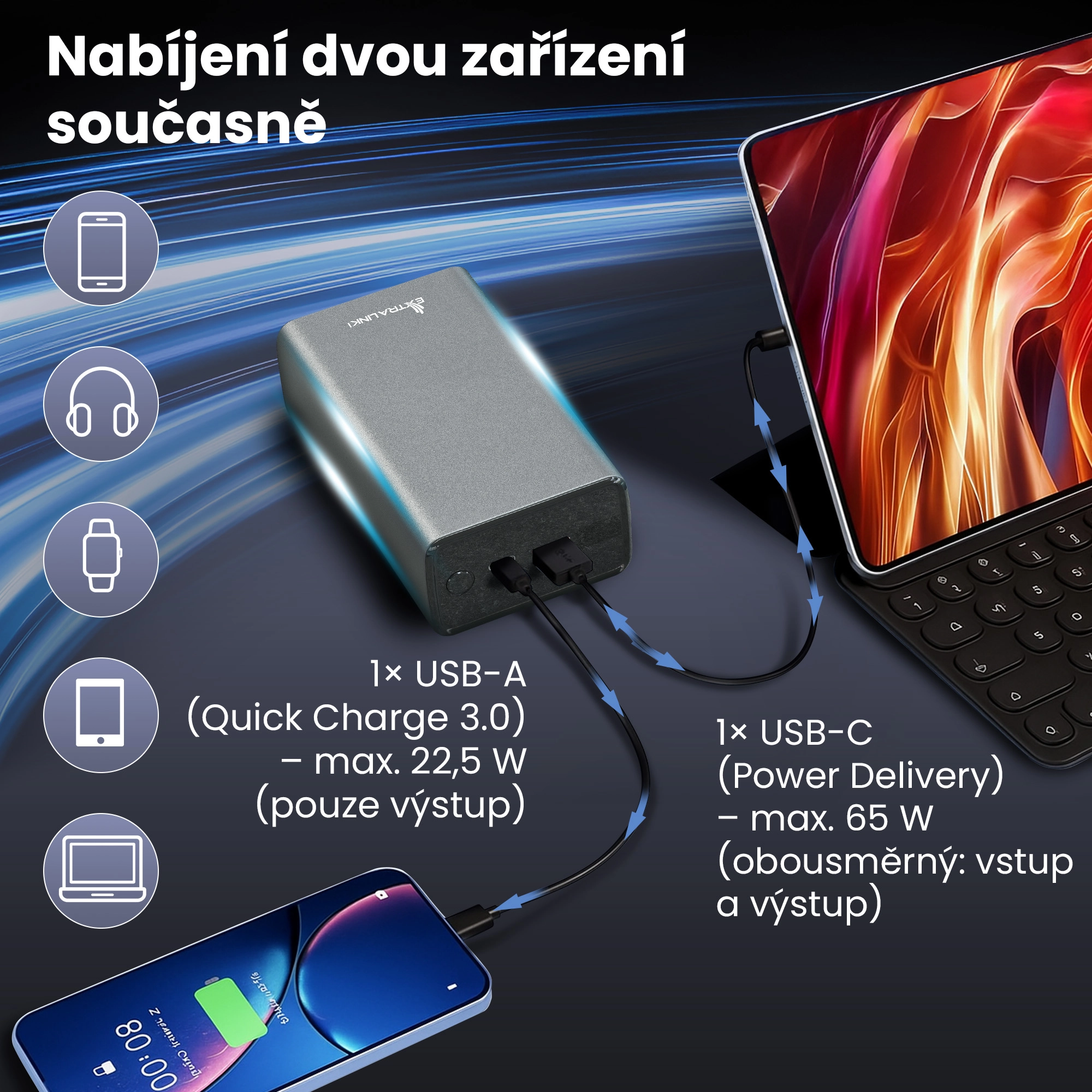 Powerbanka Extralink nab&iacute;j&iacute; smartphone a tablet současně pomoc&iacute; dvou kabelů