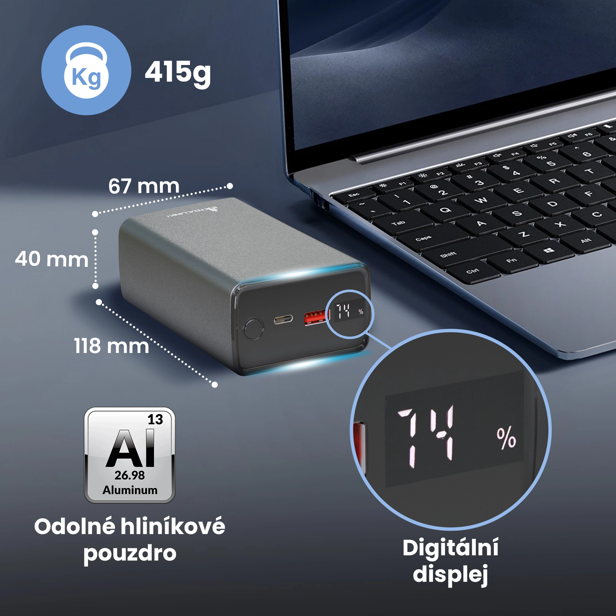 Powerbanka Extralink s hlin&iacute;kov&yacute;m krytem, rozměry 118x67x40 mm a displejem 74 %