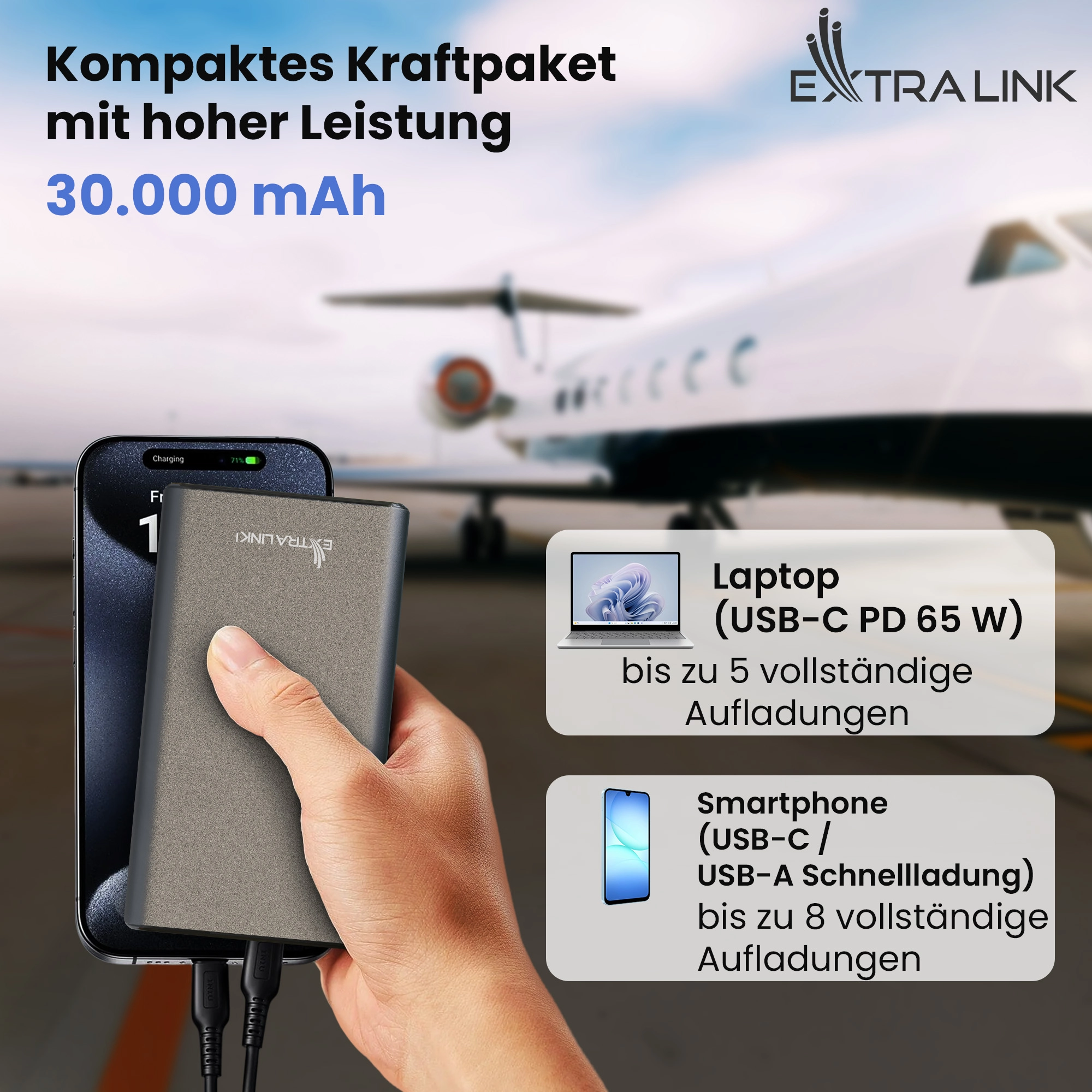 Extralink Powerbank EPB-127 lädt Ihr Handy auf. Flugzeug, Laptop, Tablet und Smartphones im Hintergrund.