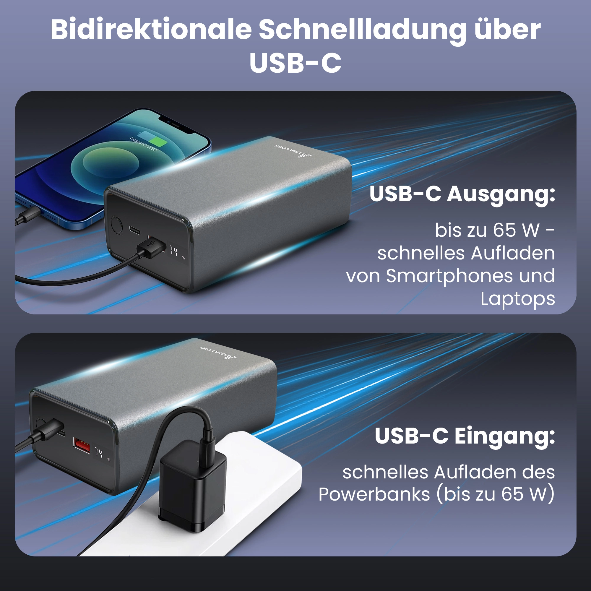 Extralink Powerbank EPB-127 zum Laden über USB-A und zum Laden eines Smartphones über USB-C