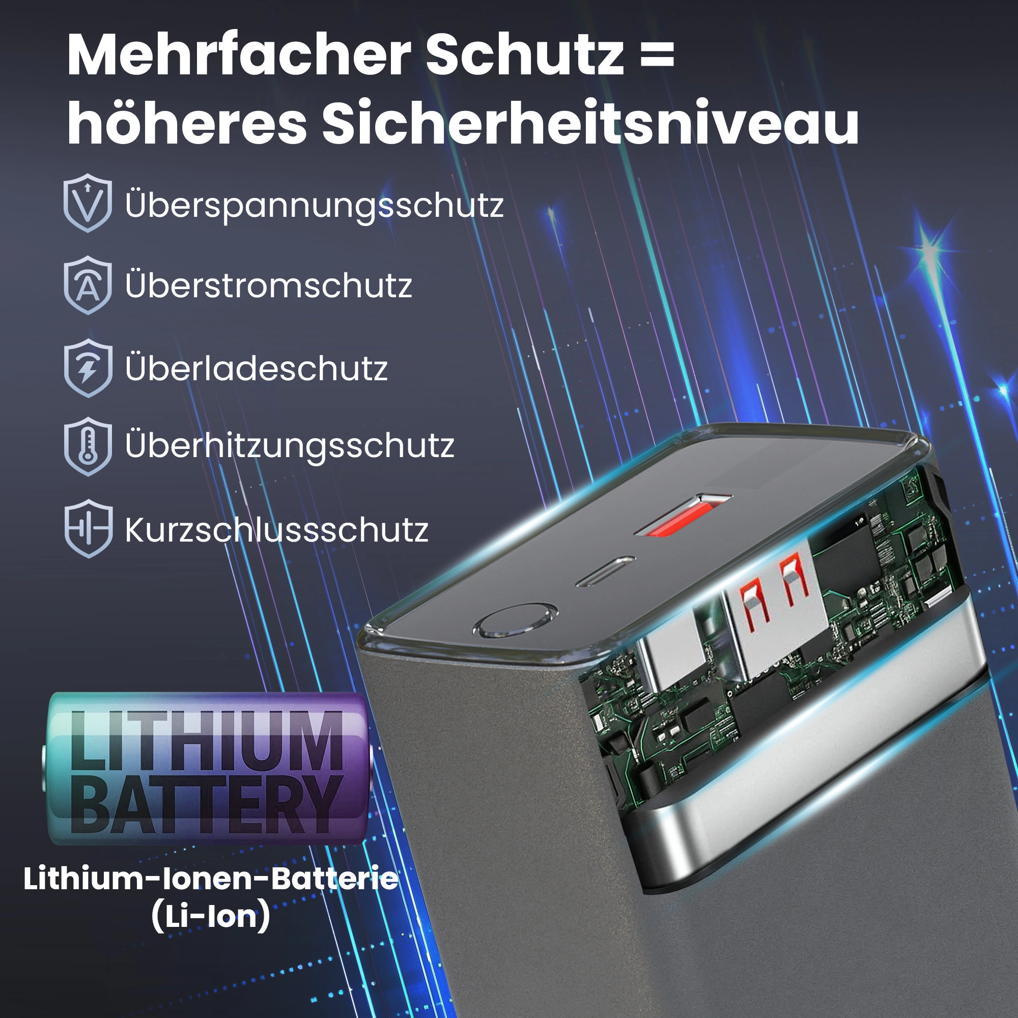Querschnitt der Extralink Powerbank, zeigt das Innere mit Lithiumbatterie und Platine