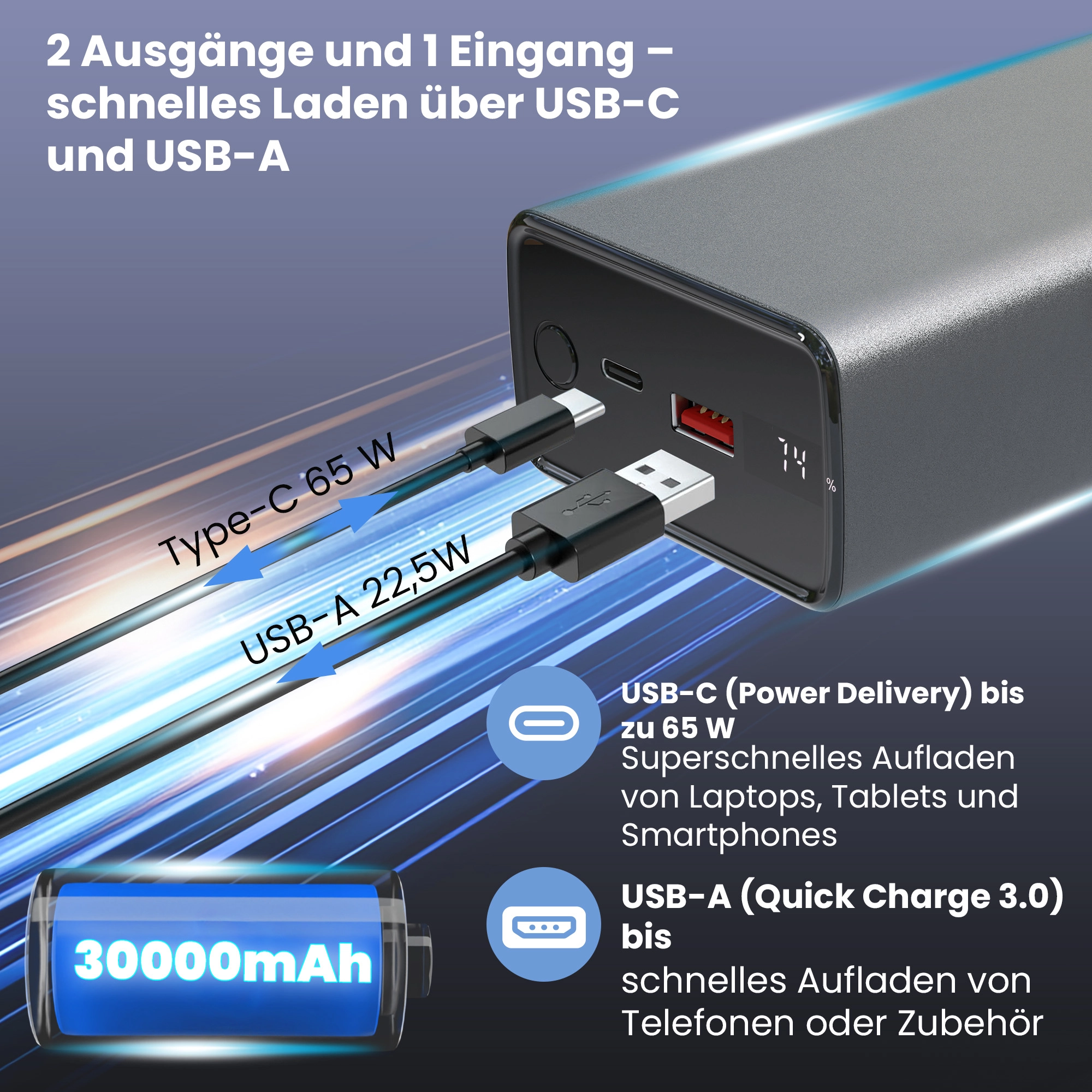 Extralink Powerbank mit 30000 mAh, USB-C 65 W und USB-A 22,5 W Anschlüssen