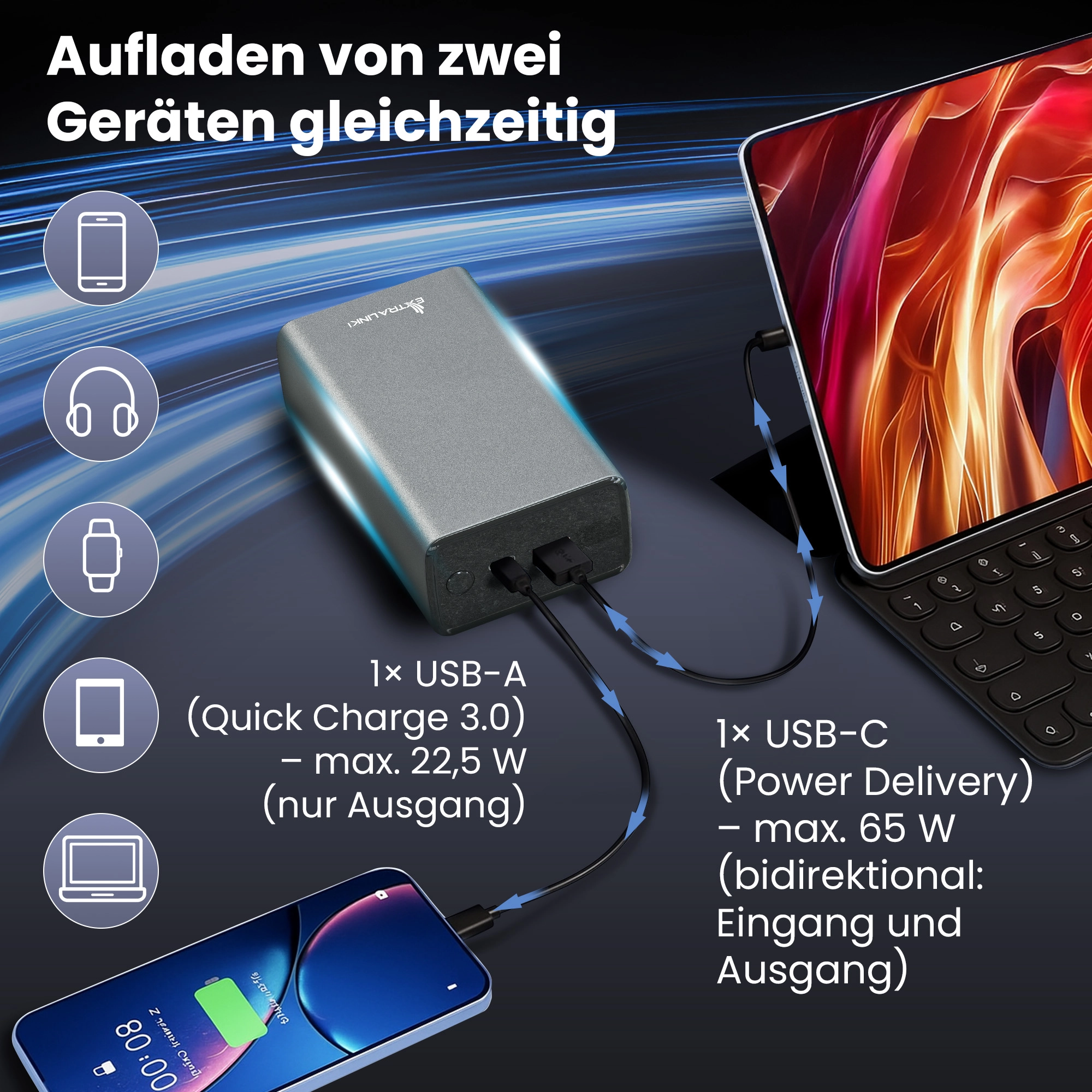 Extralink Powerbank l&auml;dt Smartphone und Tablet gleichzeitig mit zwei Kabeln