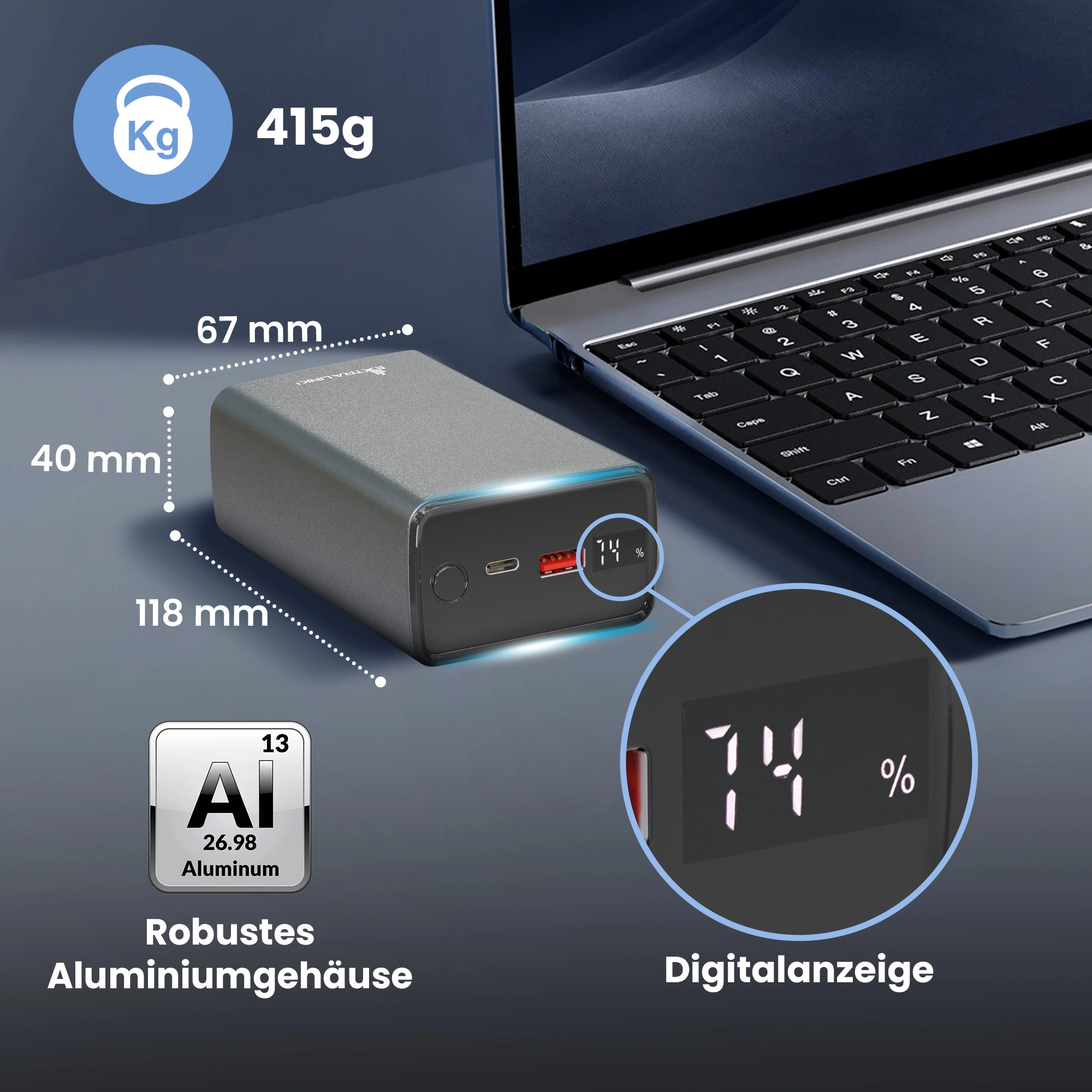Extralink Powerbank mit Aluminiumgehäuse, Abmessungen 118x67x40 mm und 74% Display