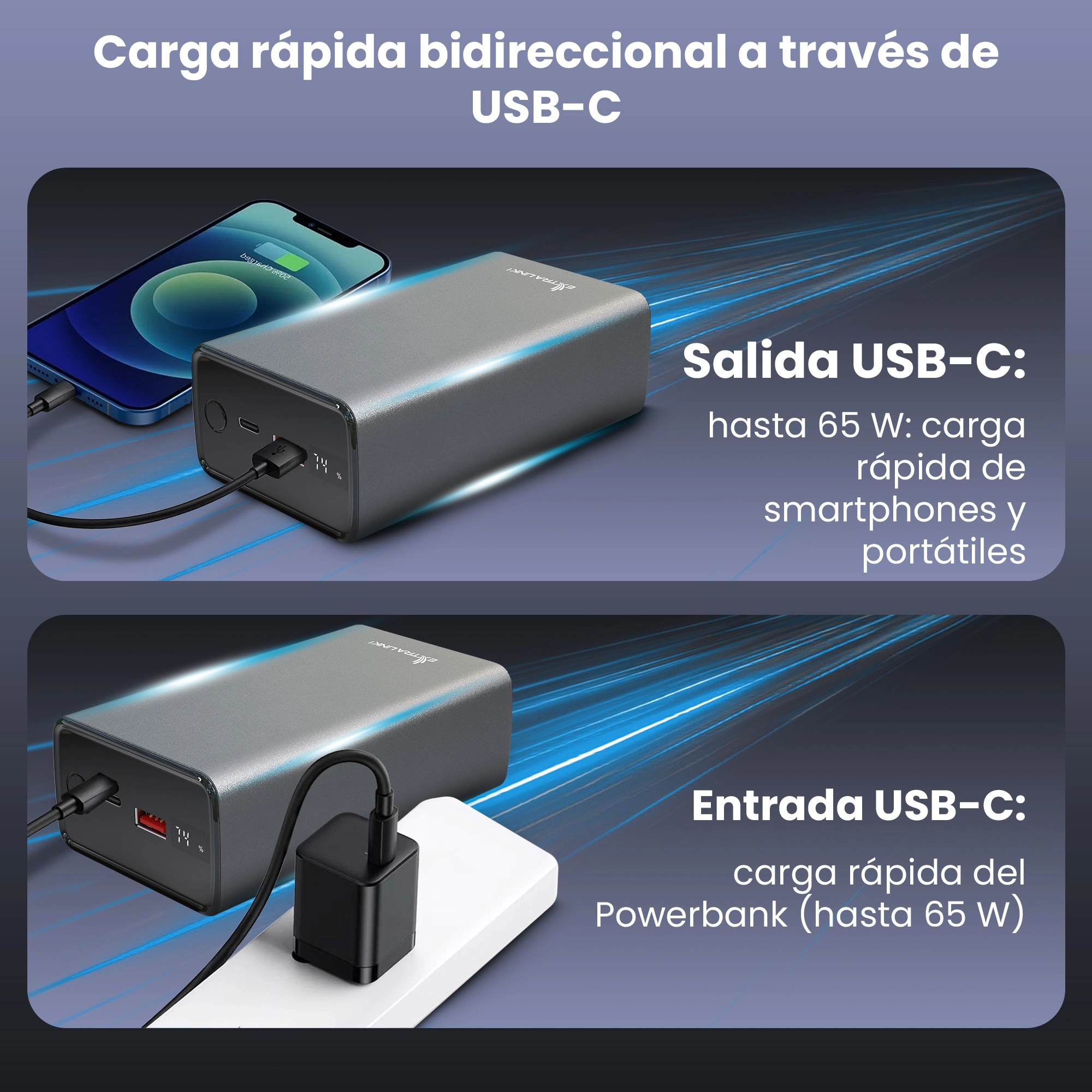 Extralink Powerbank EPB-127 carga por USB-A y carga un smartphone por USB-C