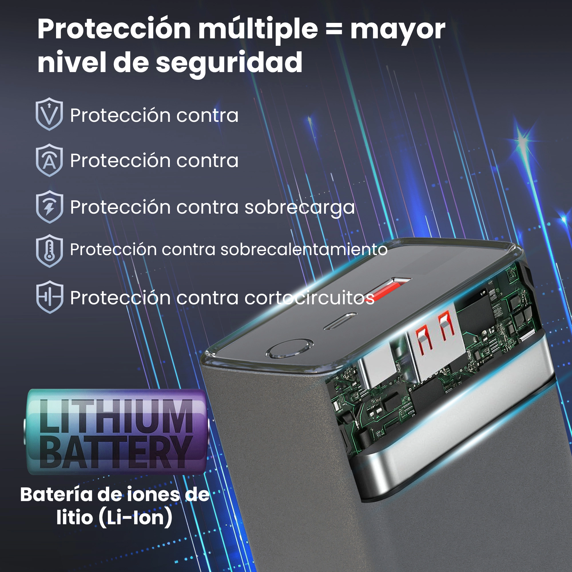Secci&oacute;n transversal del Extralink Powerbank, mostrando el interior con la bater&iacute;a de litio y la placa de circuitos.
