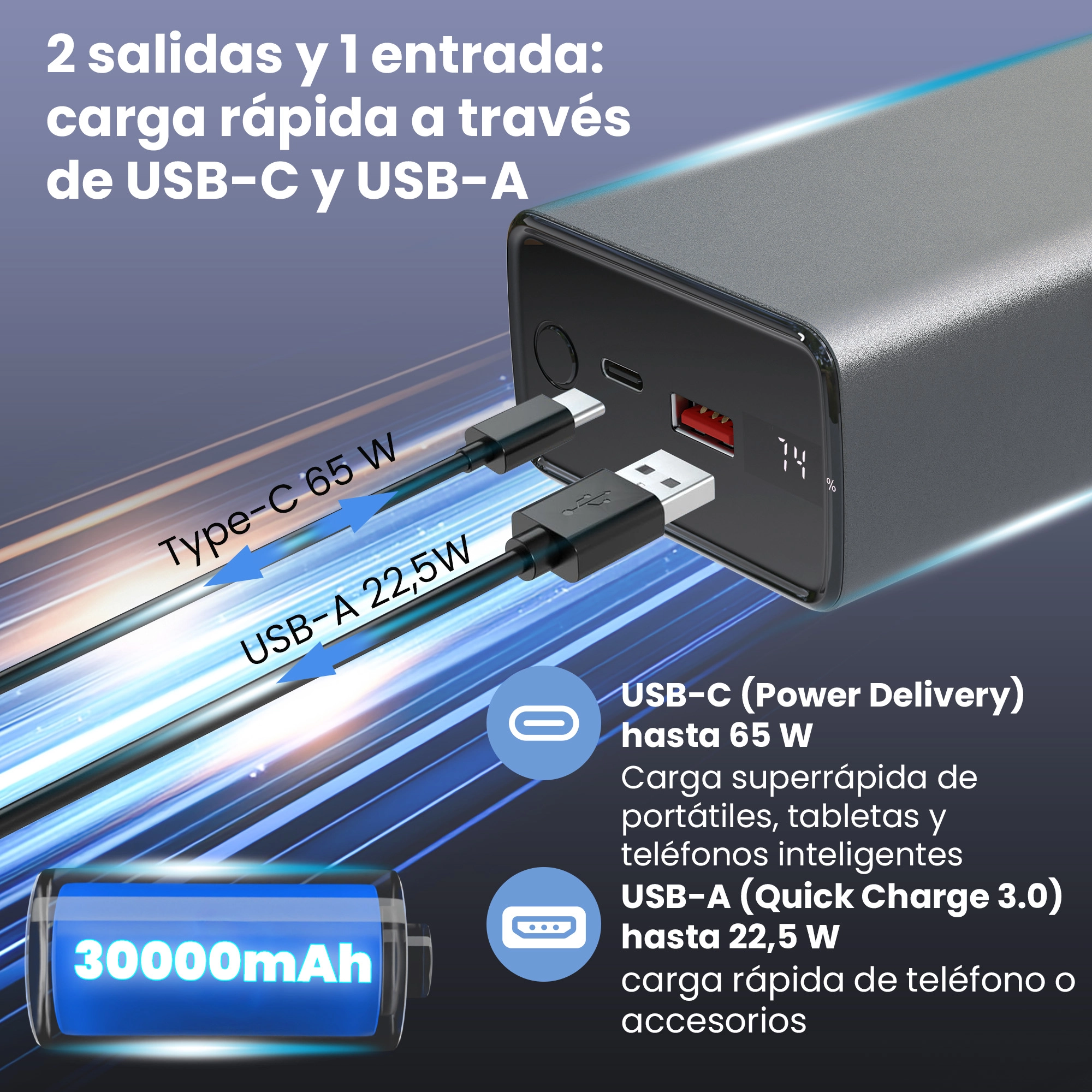 Extralink Powerbank con 30000 mAh, puertos USB-C 65 W y USB-A 22,5 W