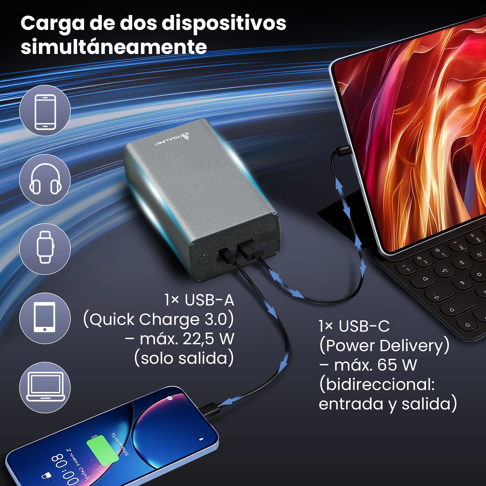 Extralink Powerbank carga el smartphone y la tableta simult&aacute;neamente con dos cables