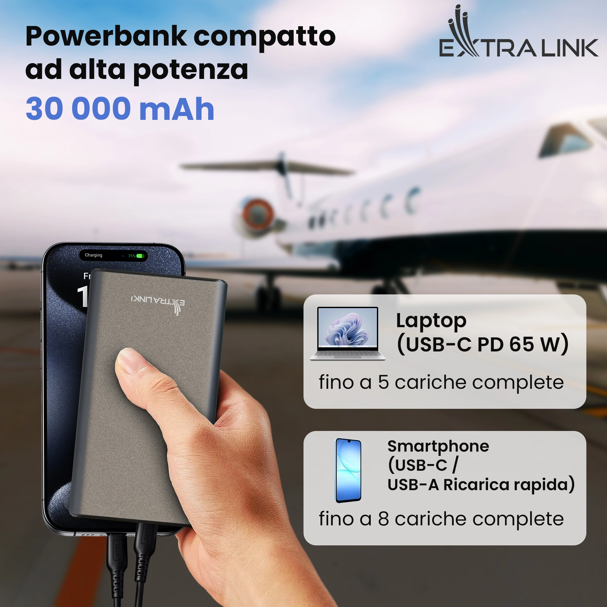 Extralink Powerbank EPB-127 ricarica il telefono. Aereo, laptop, tablet e smartphone sullo sfondo.
