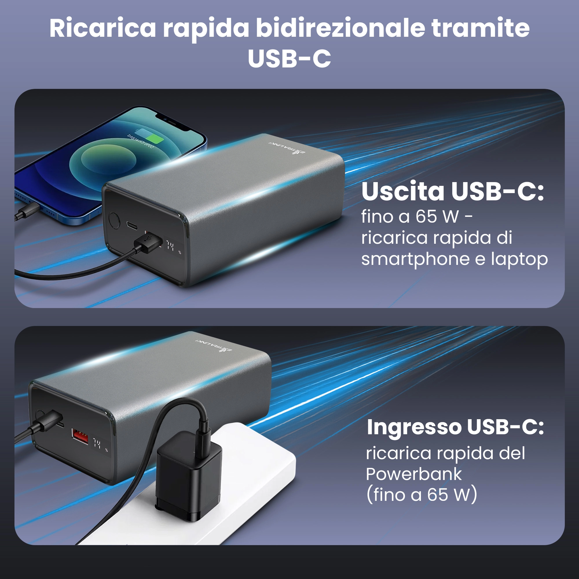 Extralink Powerbank EPB-127 ricarica tramite USB-A e ricarica uno smartphone tramite USB-C