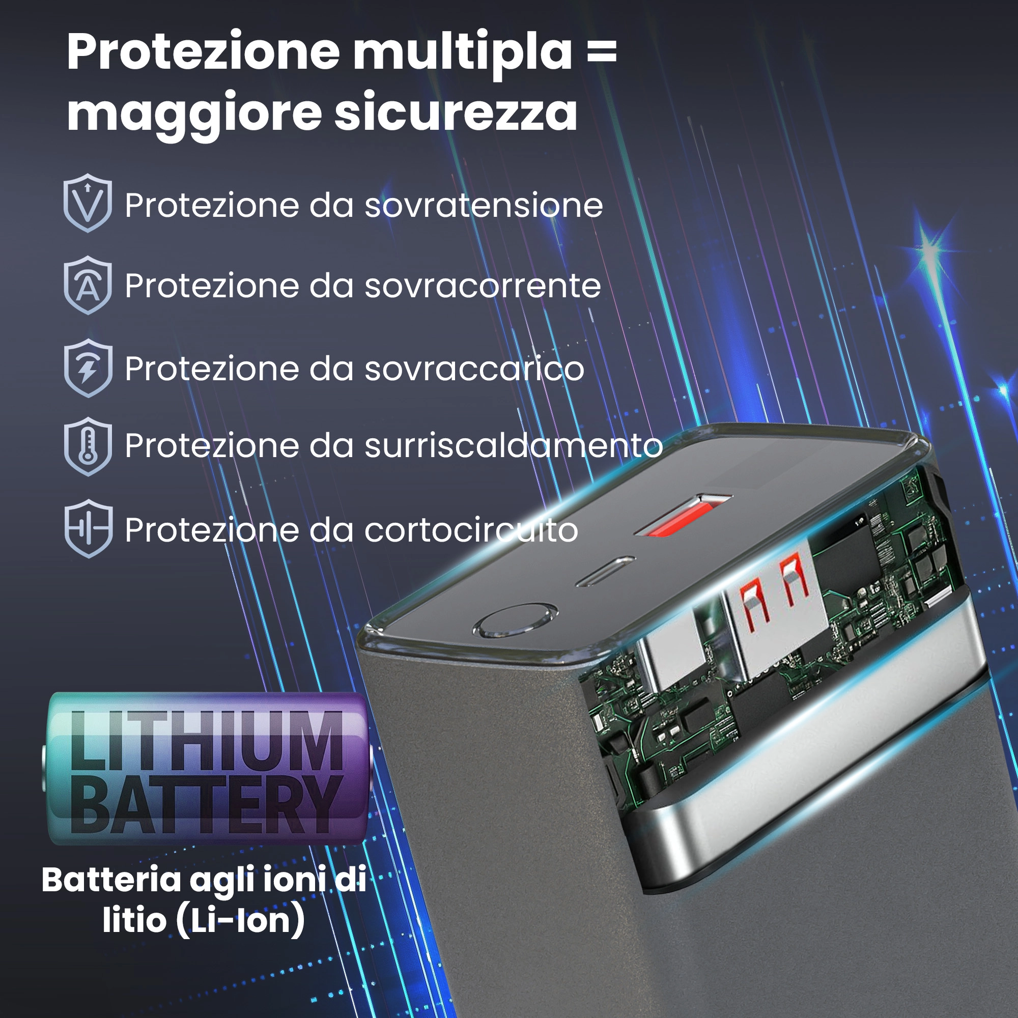 Sezione trasversale della Powerbank Extralink, che mostra l'interno con la batteria al litio e il circuito stampato