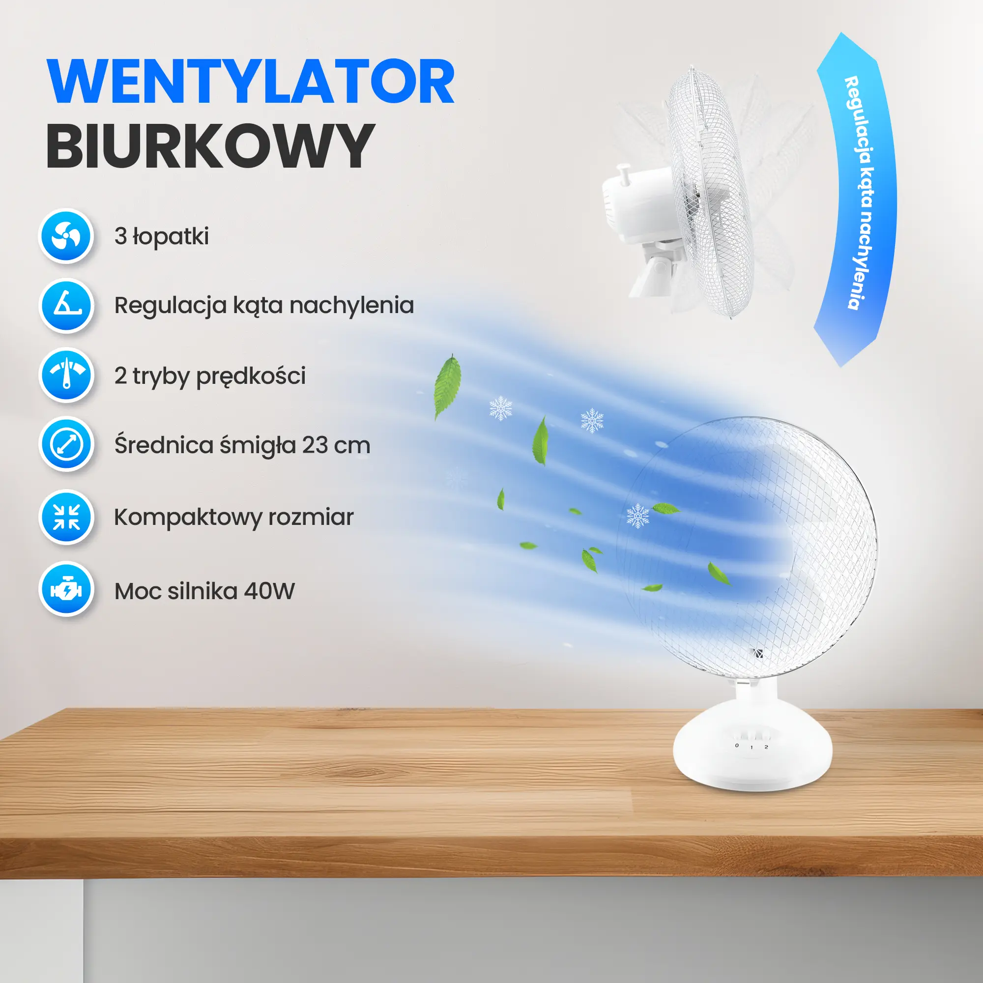 EMERIO FN-114201 TABLE FAN 23CM, 3 BLADES, 2 SPEED SETTINGS, WHITE