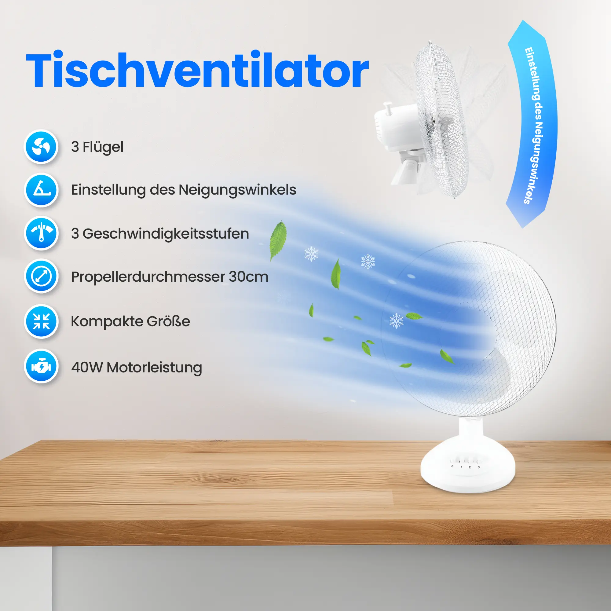 EMERIO FN-114202 TISCHVENTILATOR 30CM, 3 FLÜGEL, 3 GESCHWINDIGKEITSSTUFEN, WEISS