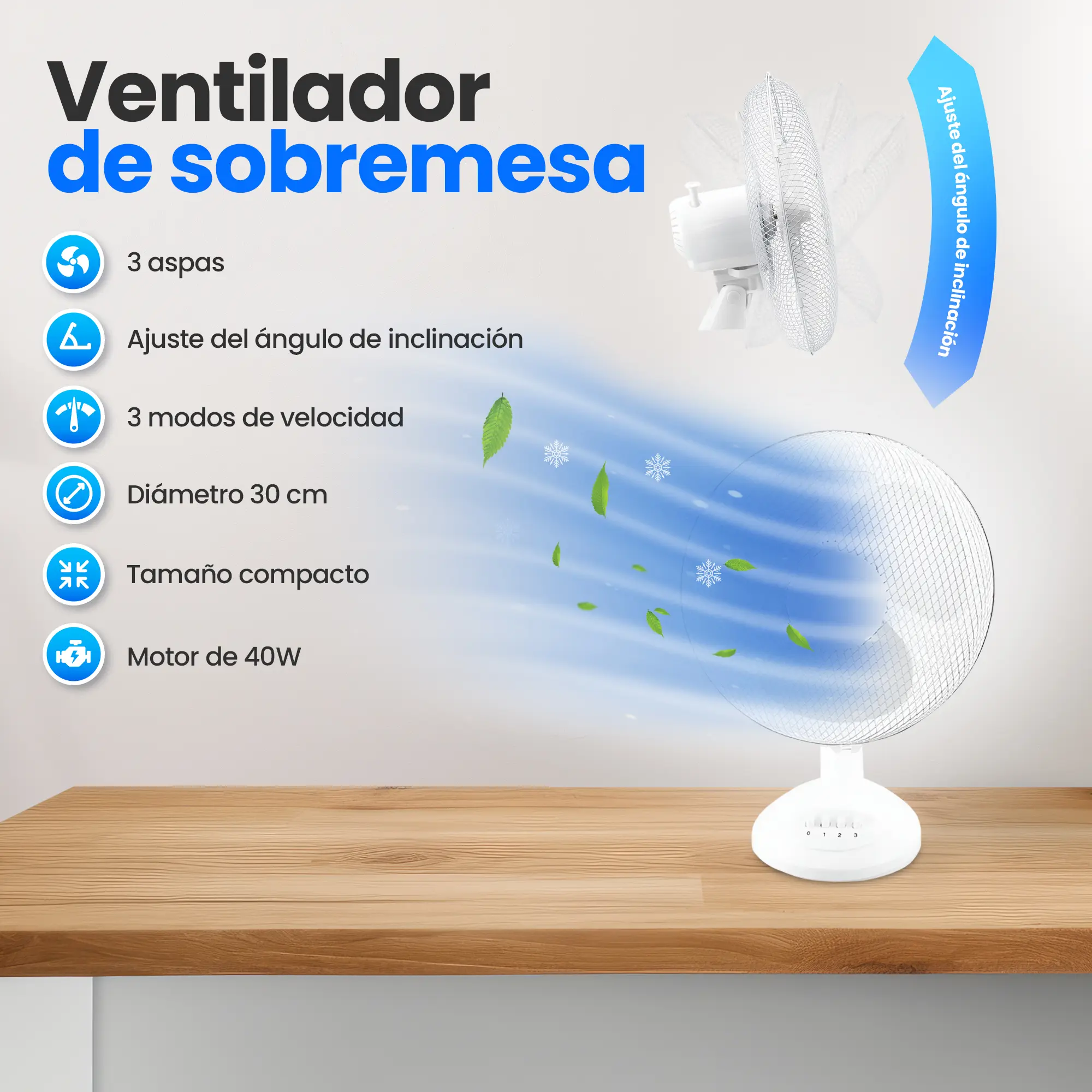 EMERIO FN-114202 VENTILADOR DE MESA 30CM, 3 ASPAS, 3 VELOCIDADES, BLANCO