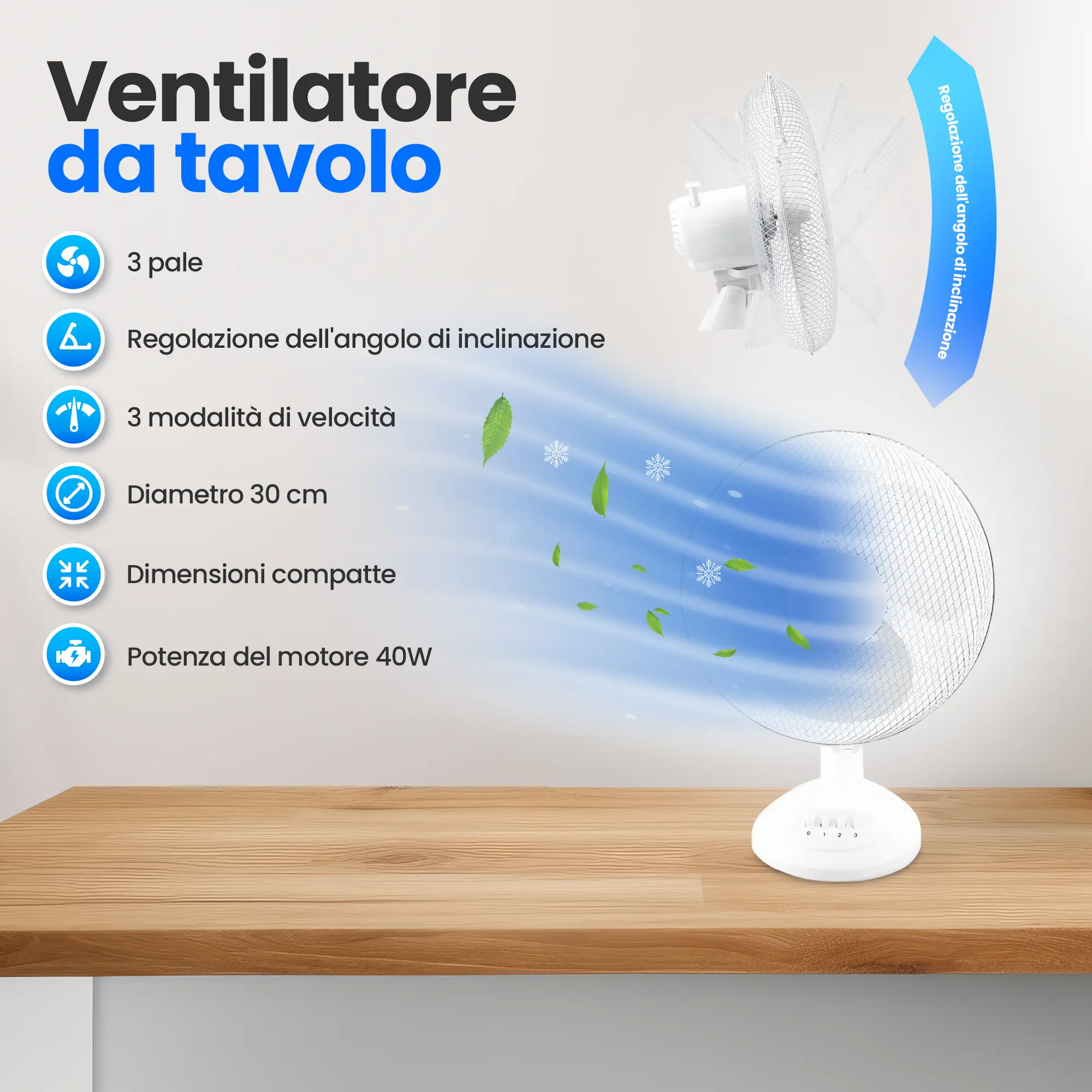 EMERIO FN-114202 VENTILATORE DA TAVOLO 30 CM, 3 PALE, 3 VELOCITÀ, BIANCO