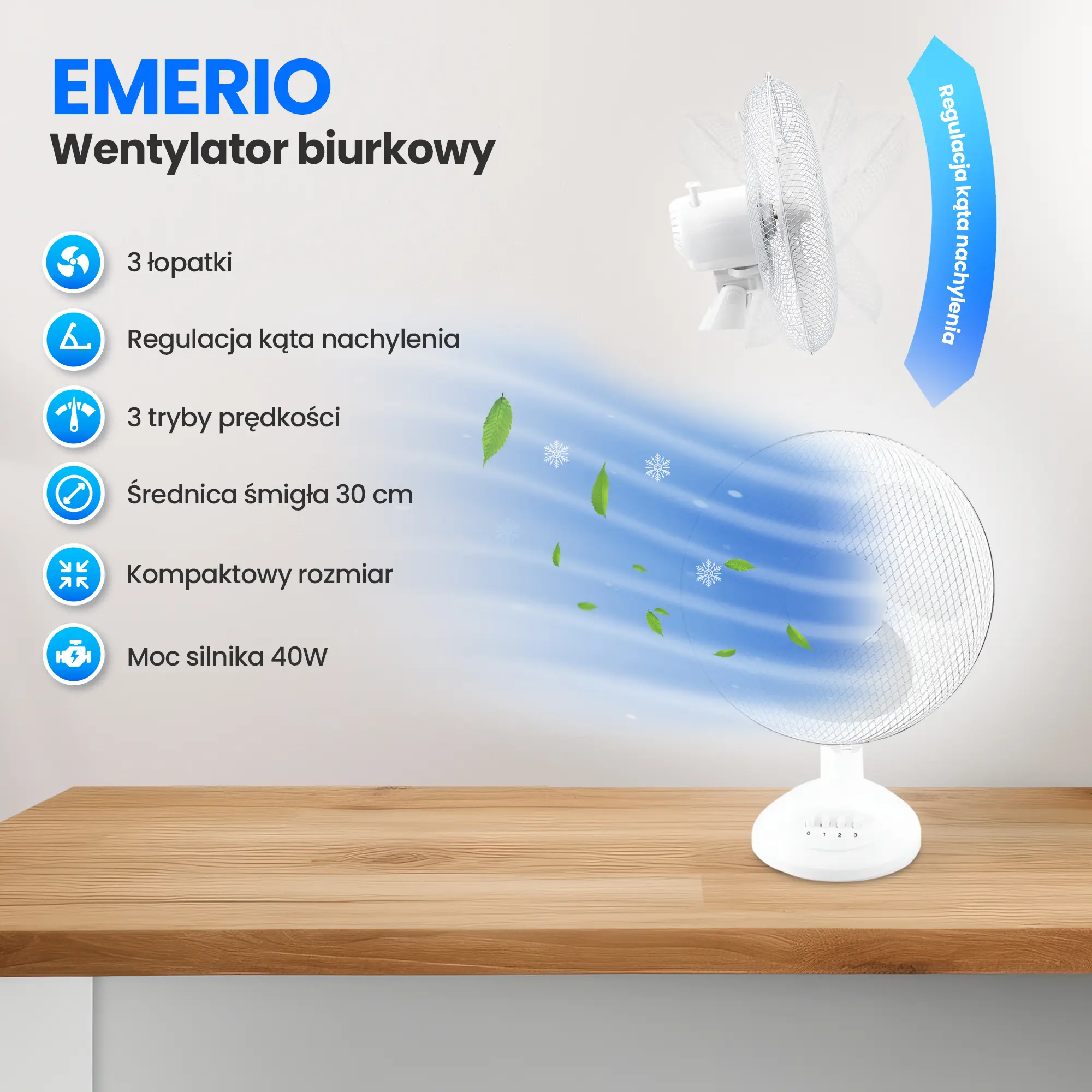 EMERIO FN-114202 TABLE FAN 30CM, 3 BLADES, 3 SPEED SETTINGS, WHITE