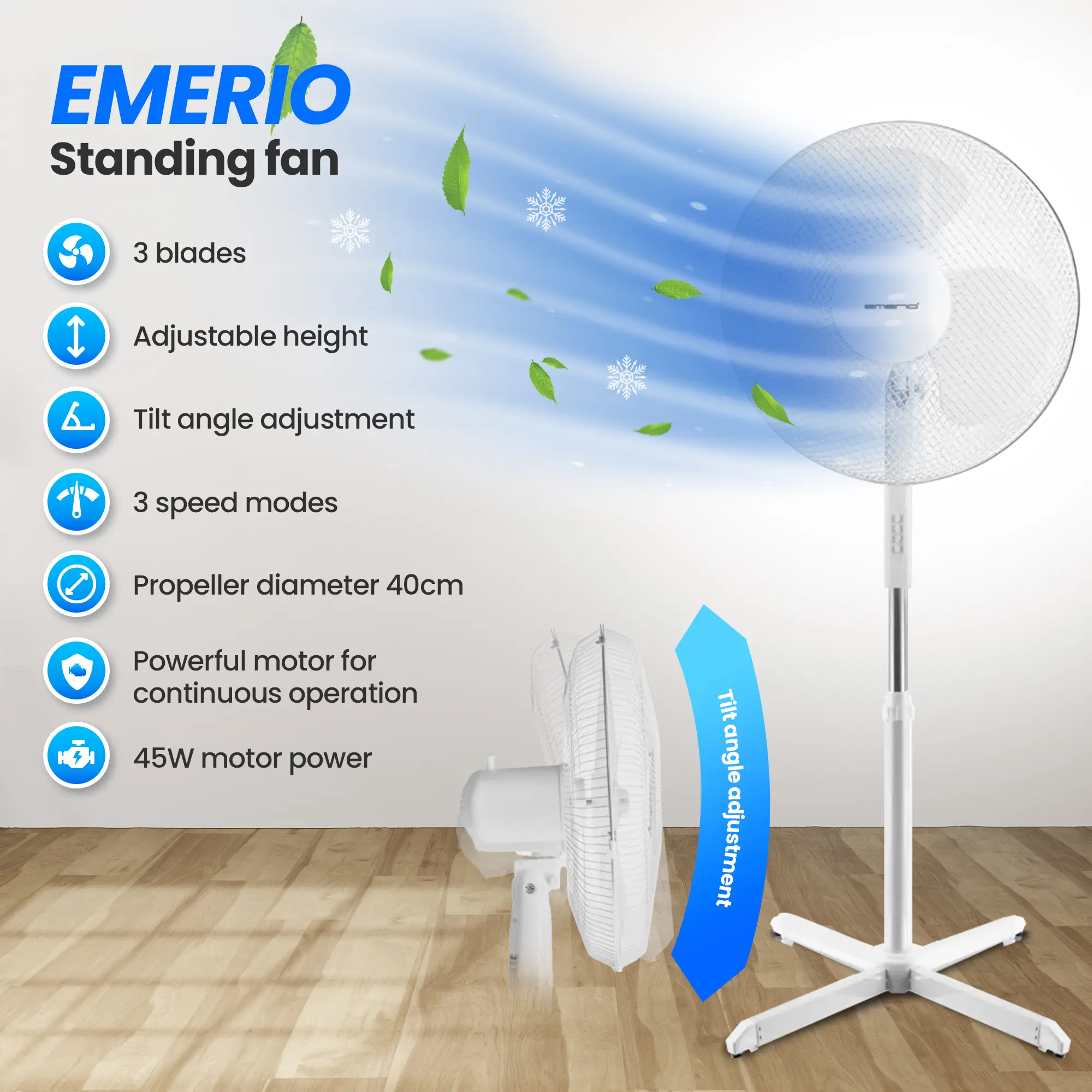 EMERIO FN-114204 VENTILADOR DE PIE 40CM, 3 ASPAS, 3 VELOCIDADES, BLANCO